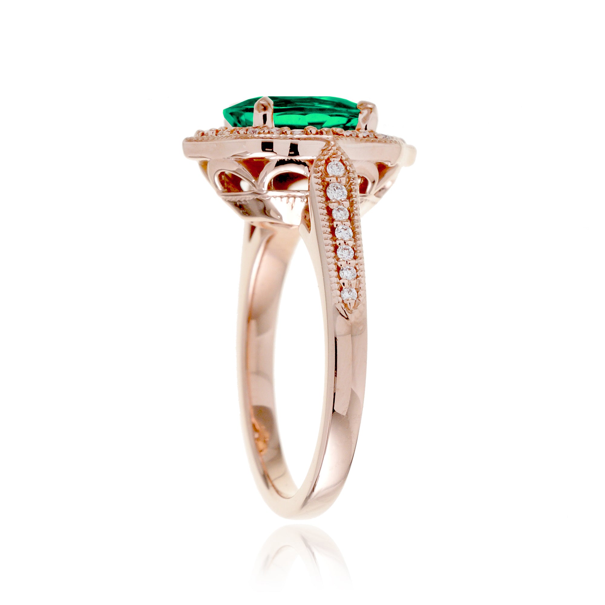 Art Deco Oval Emerald and Diamond Halo Ring in Rose Gold