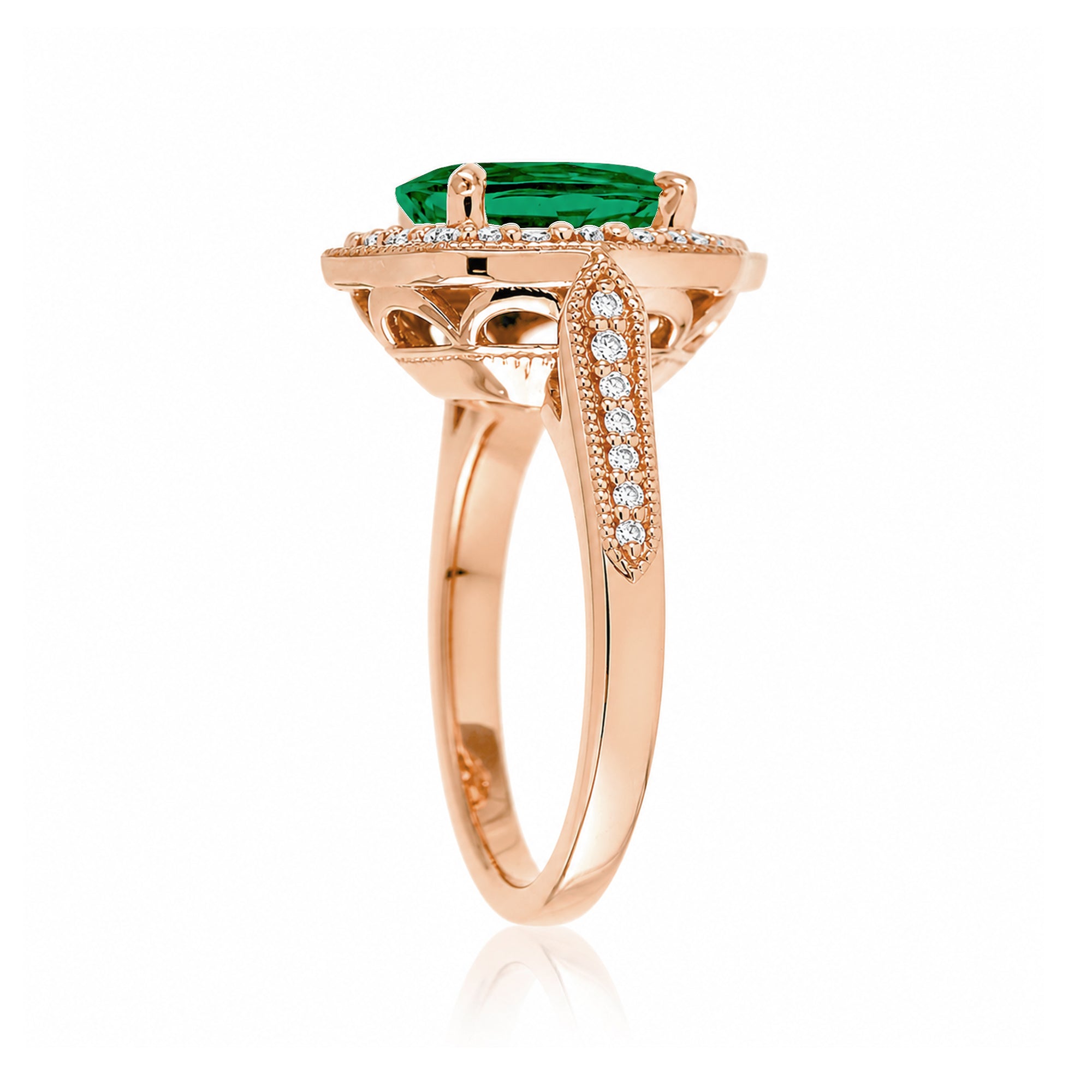 Art Deco Oval Emerald and Diamond Halo Ring in Rose Gold