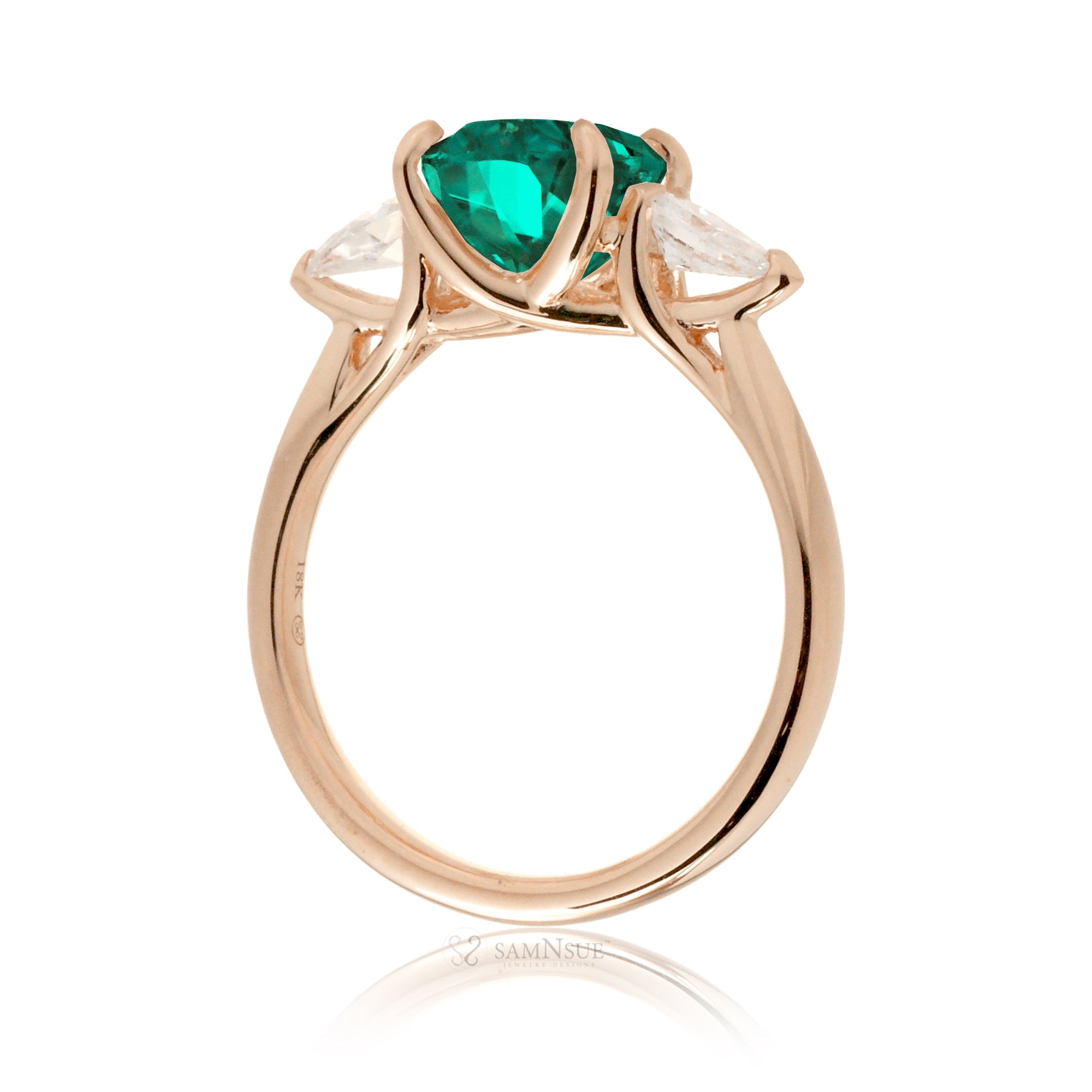 Oval cut green emerald three stone pear diamond ring rose gold