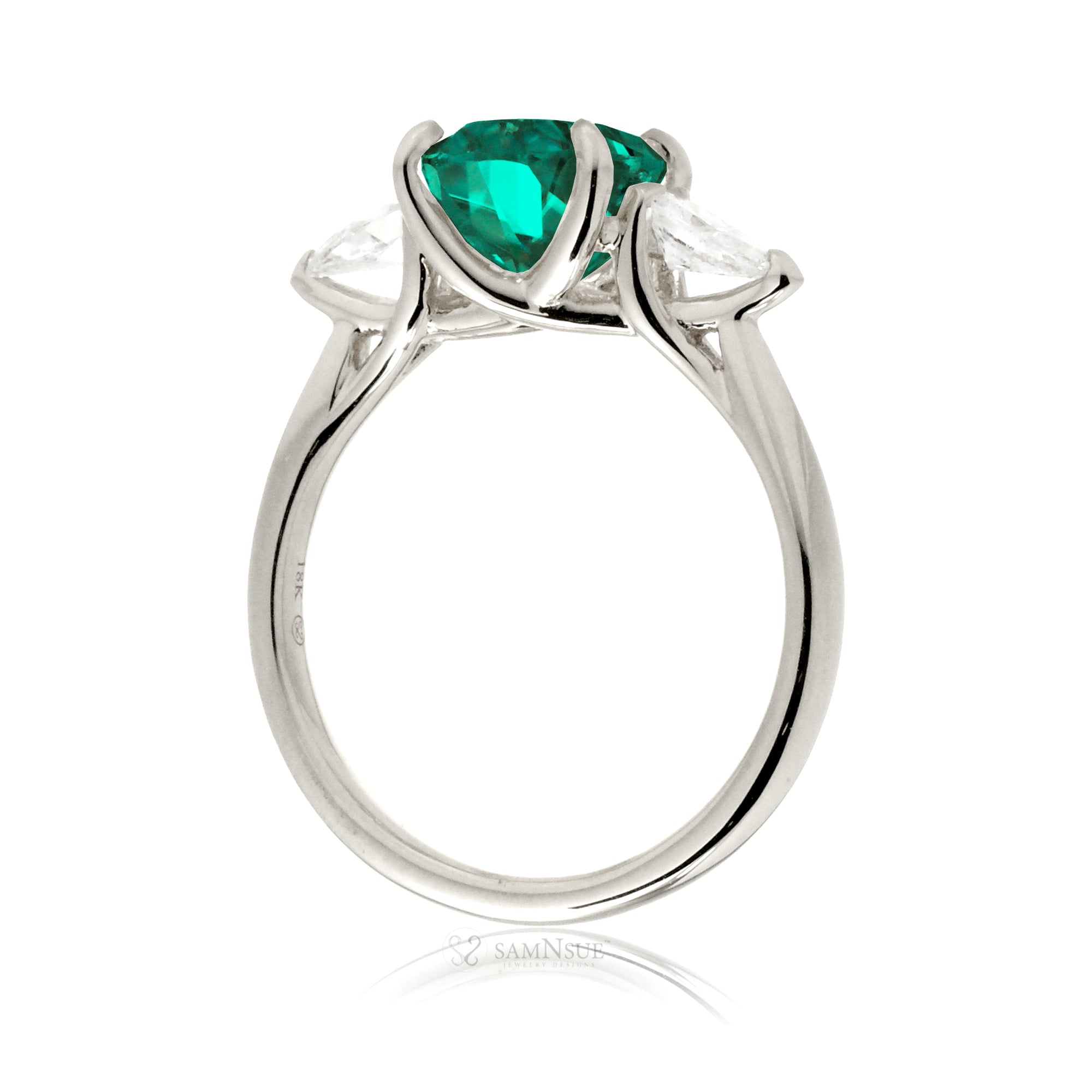 Oval cut green emerald three stone pear diamond ring white gold