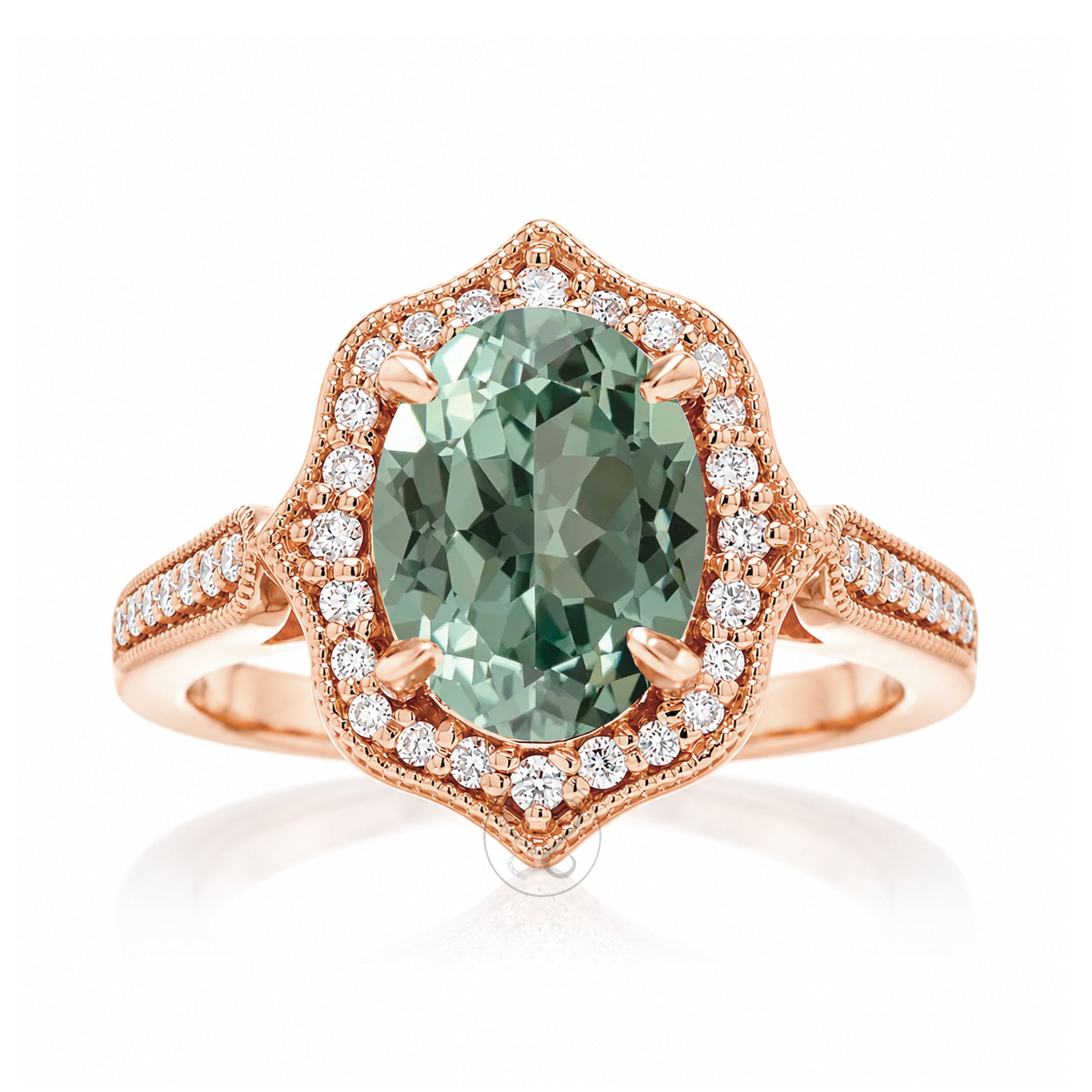 Art Deco Oval Green Sapphire and Diamond Halo Ring in Rose Gold