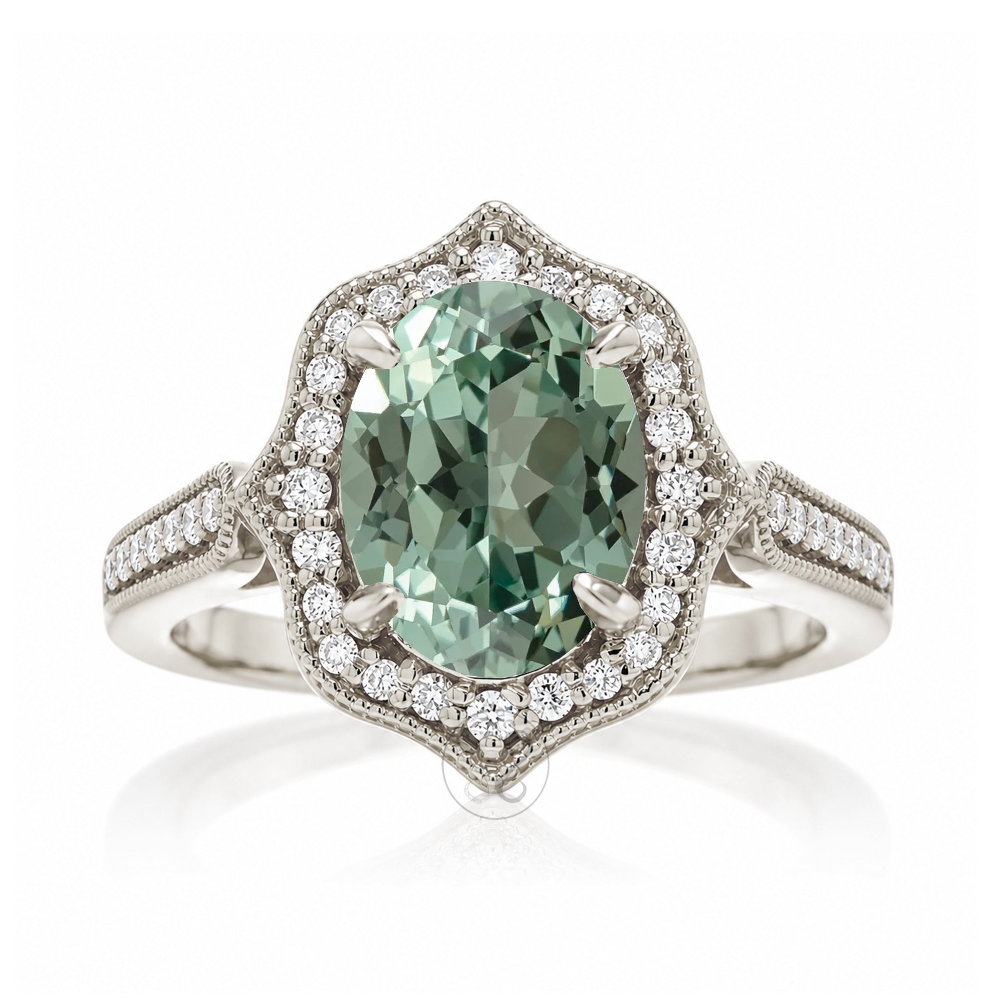 Elegant Oval Green Sapphire and Diamond Ring in White Gold