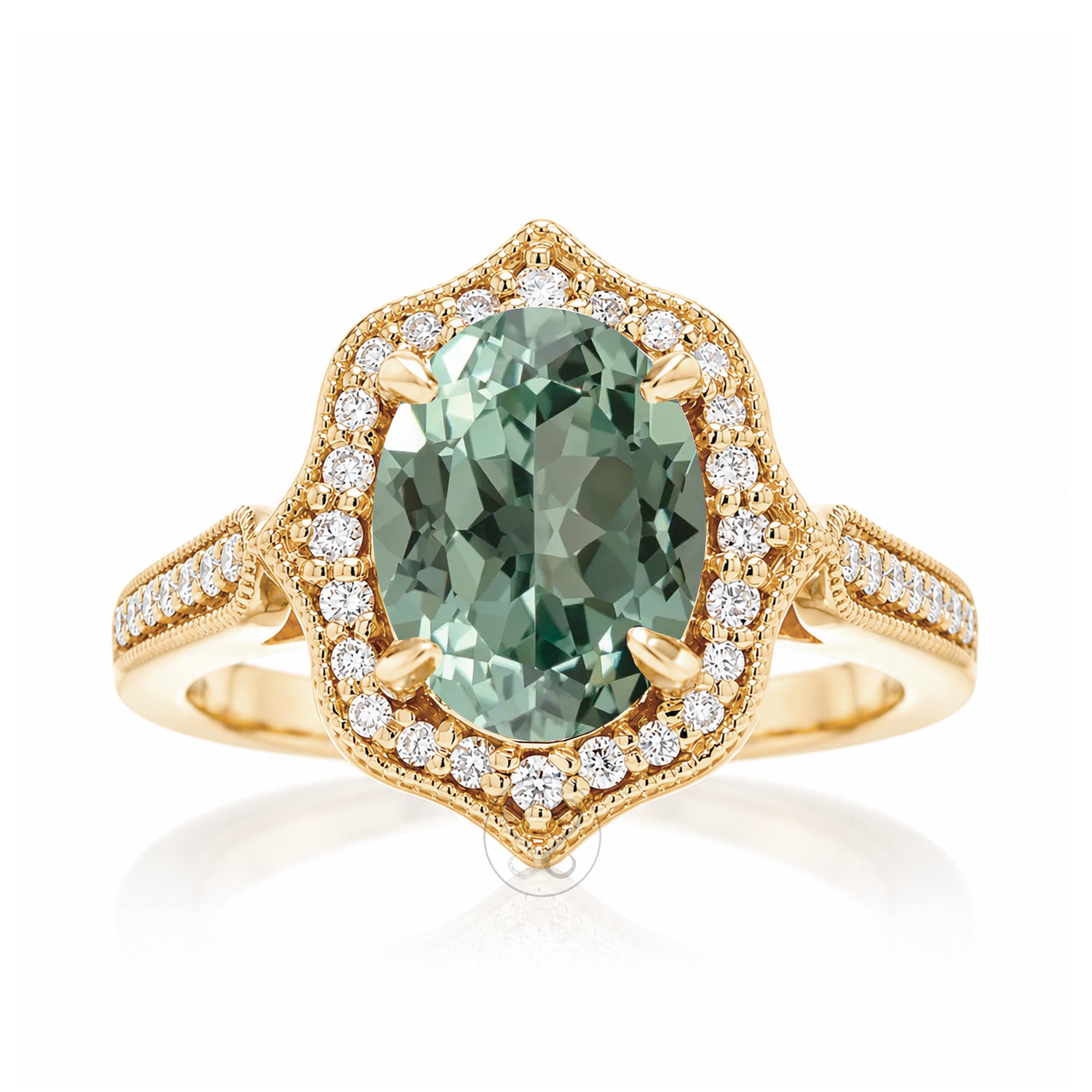 Vintage Oval Green Sapphire and Diamond Halo Ring in Yellow Gold