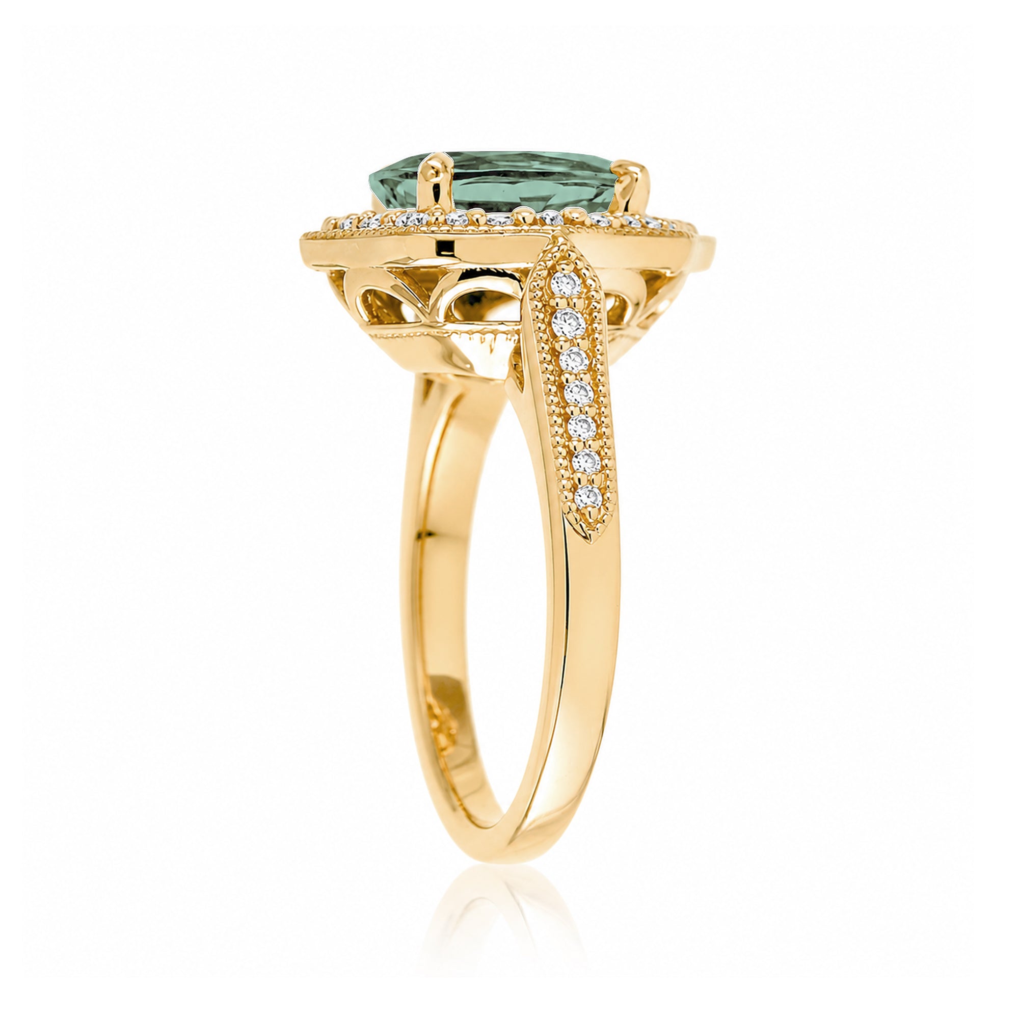 Vintage Oval Green Sapphire and Diamond Halo Ring in Yellow Gold