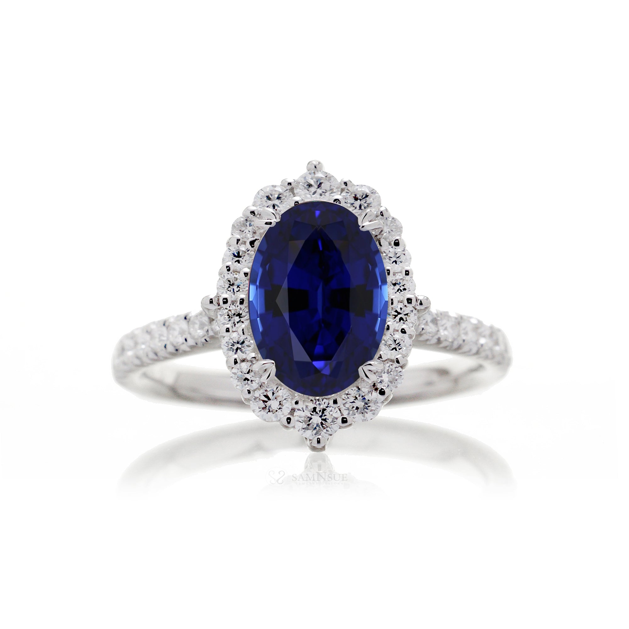 Oval Lab-Grown Sapphire Engagement Ring With A Diamond Halo The