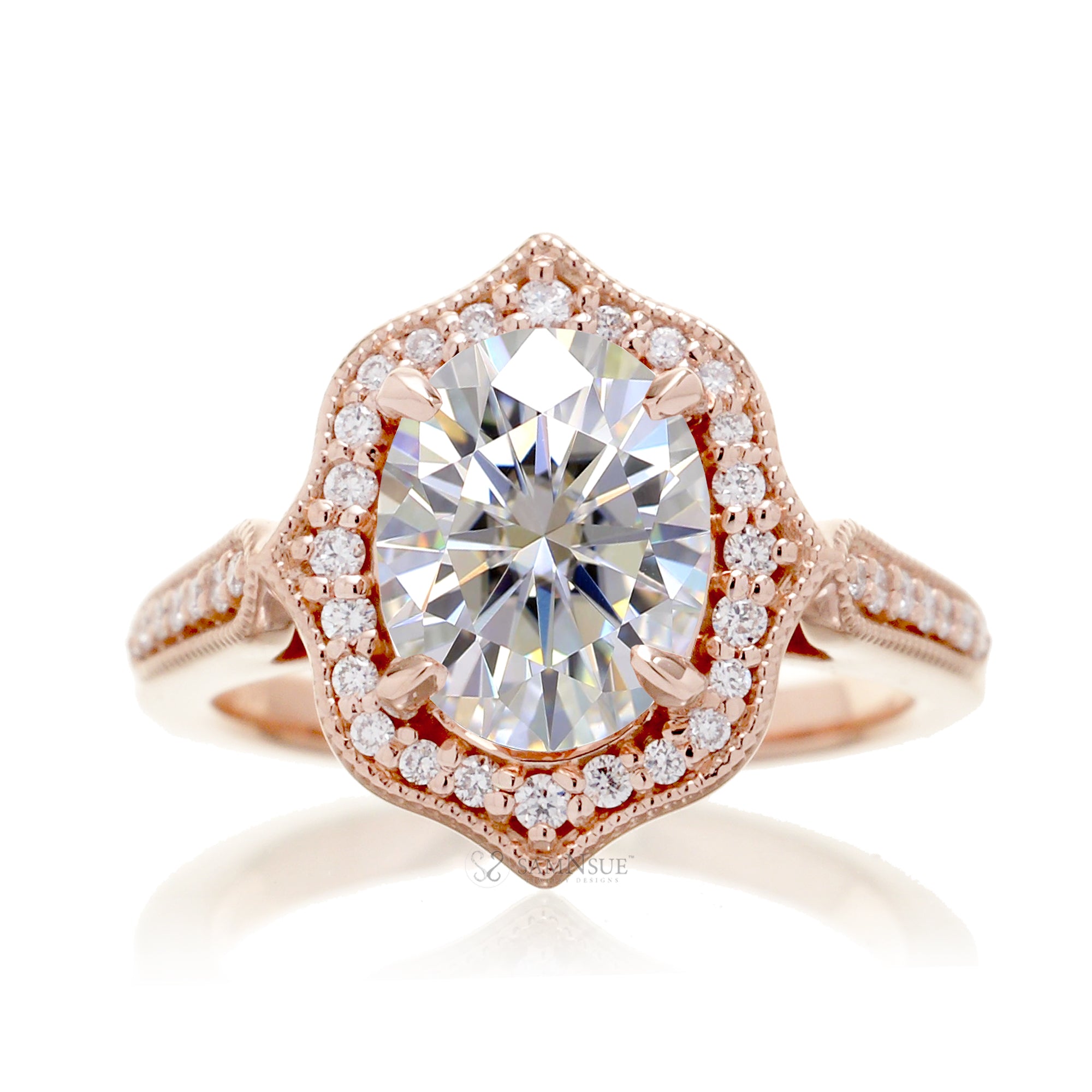 Art Deco Oval Moissanite and Diamond Halo Ring in Rose Gold