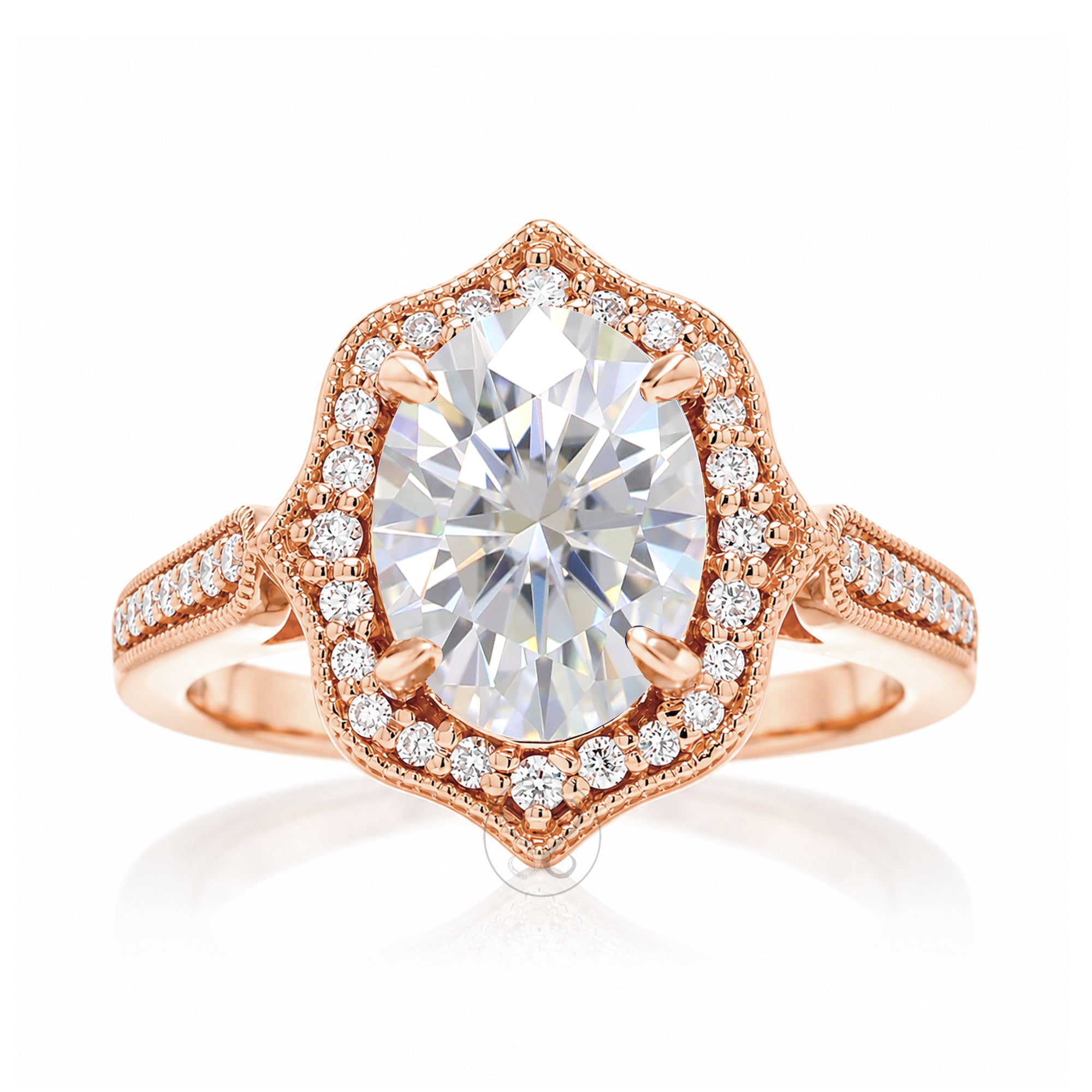 Art Deco Oval Moissanite and Diamond Halo Ring in Rose Gold