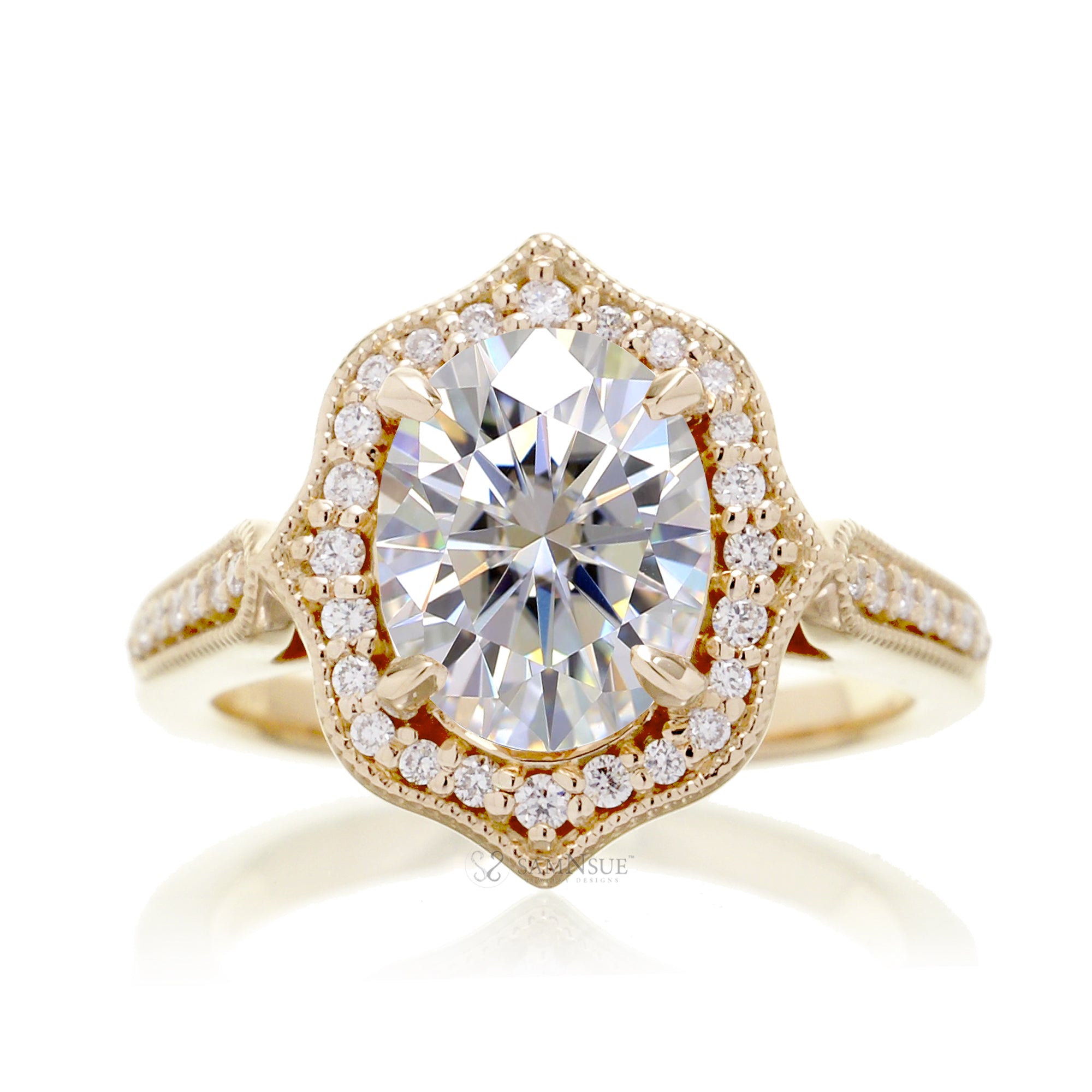 Vintage Oval Moissanite and Diamond Halo Ring in Yellow Gold