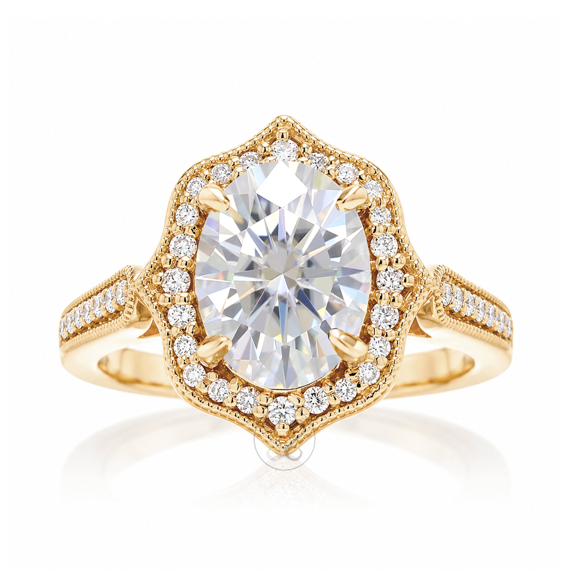 Vintage Oval Moissanite and Diamond Halo Ring in Yellow Gold