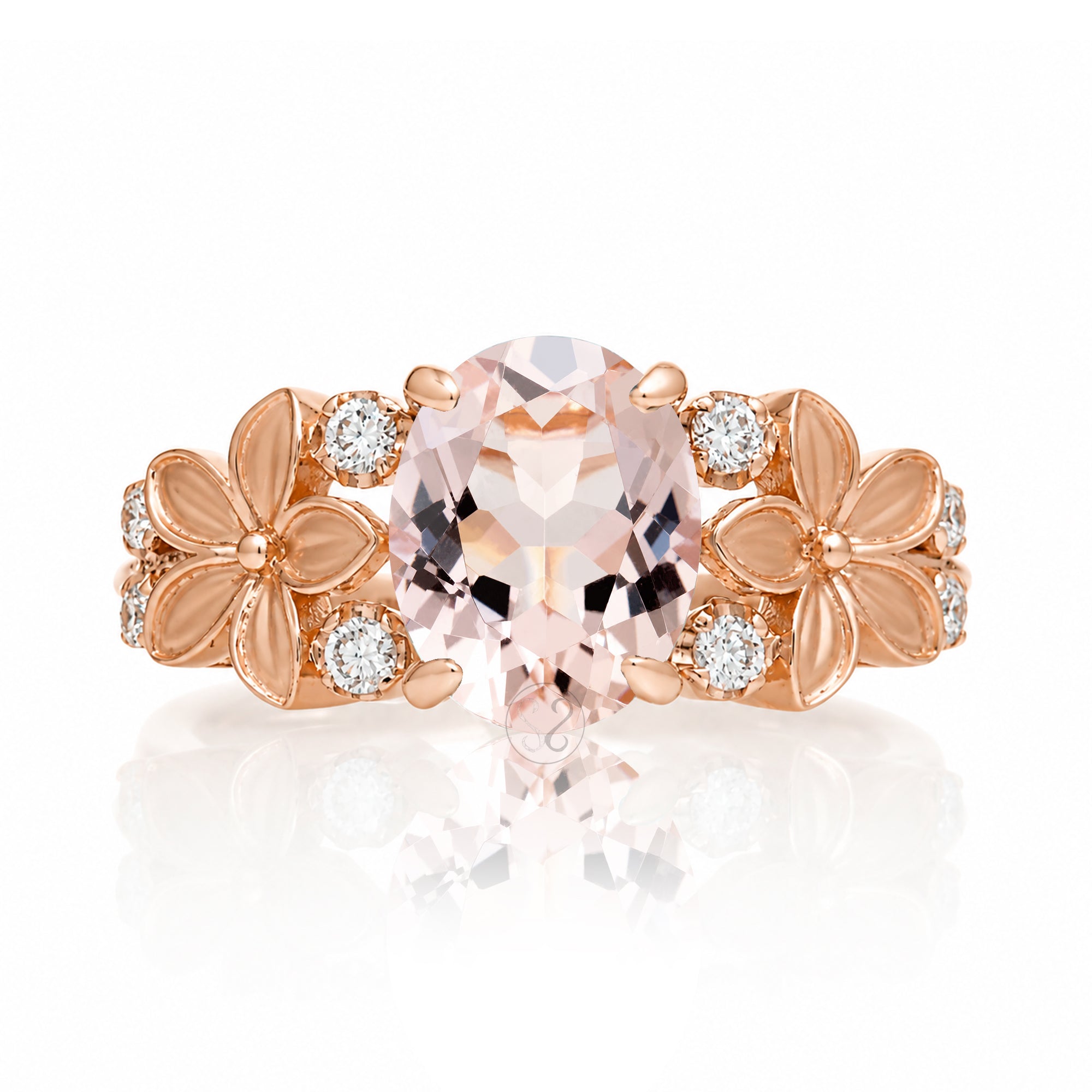 Morganite ring with plumeria flower and diamond in rose gold