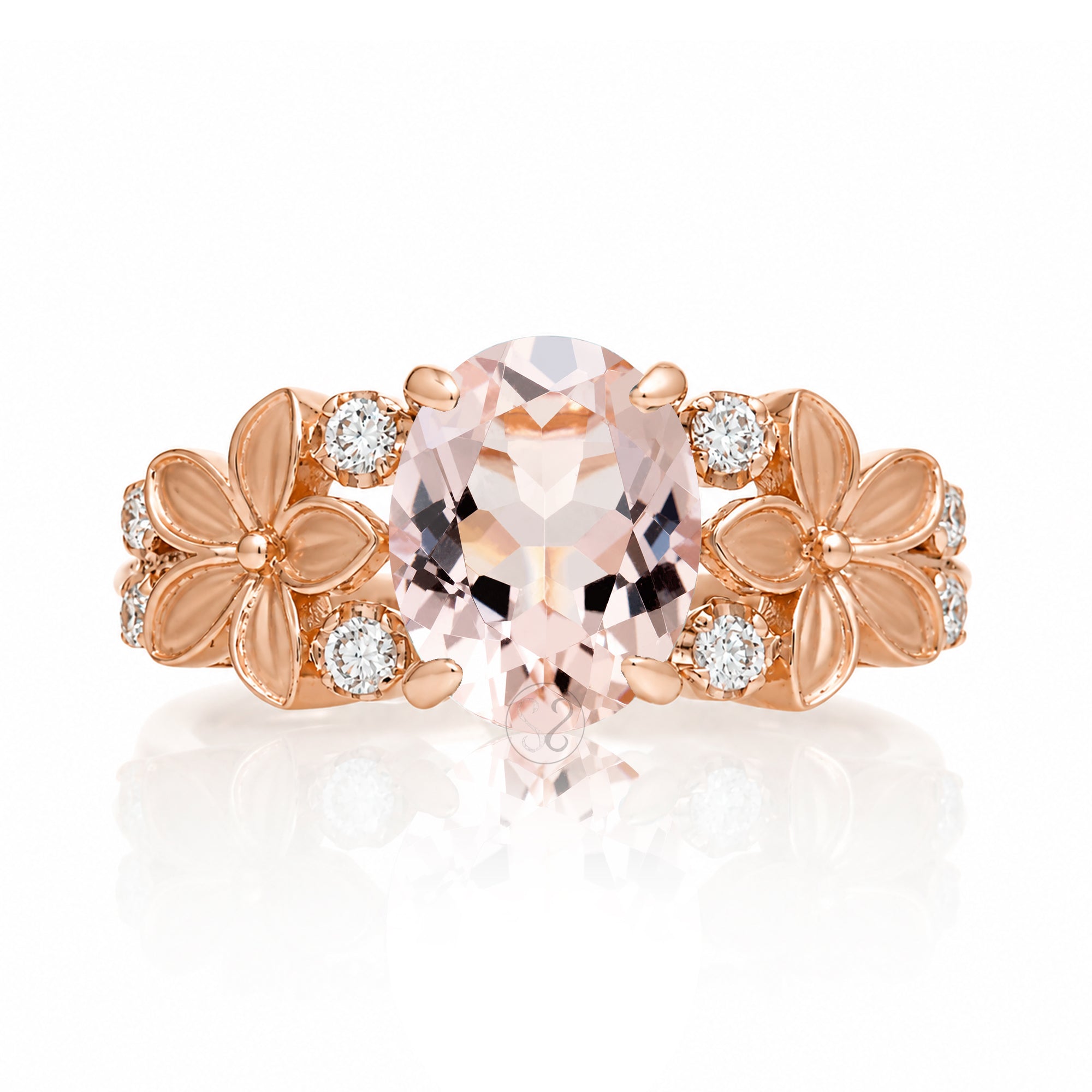 Morganite ring with plumeria flower and diamond in rose gold
