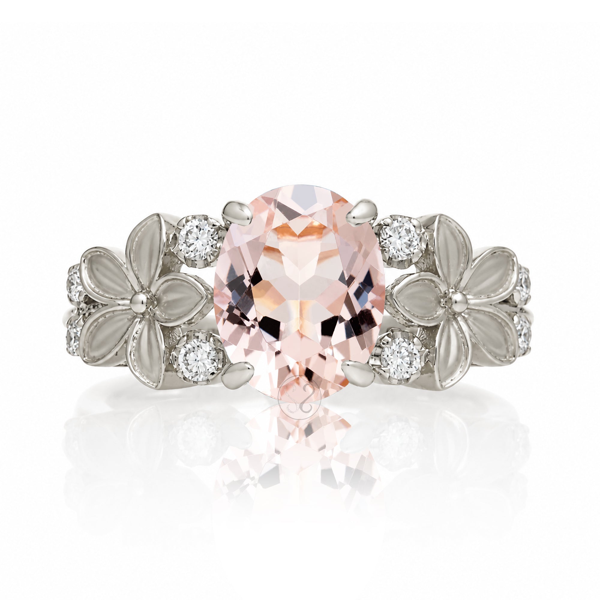 Morganite ring with plumeria flower and diamond in white gold