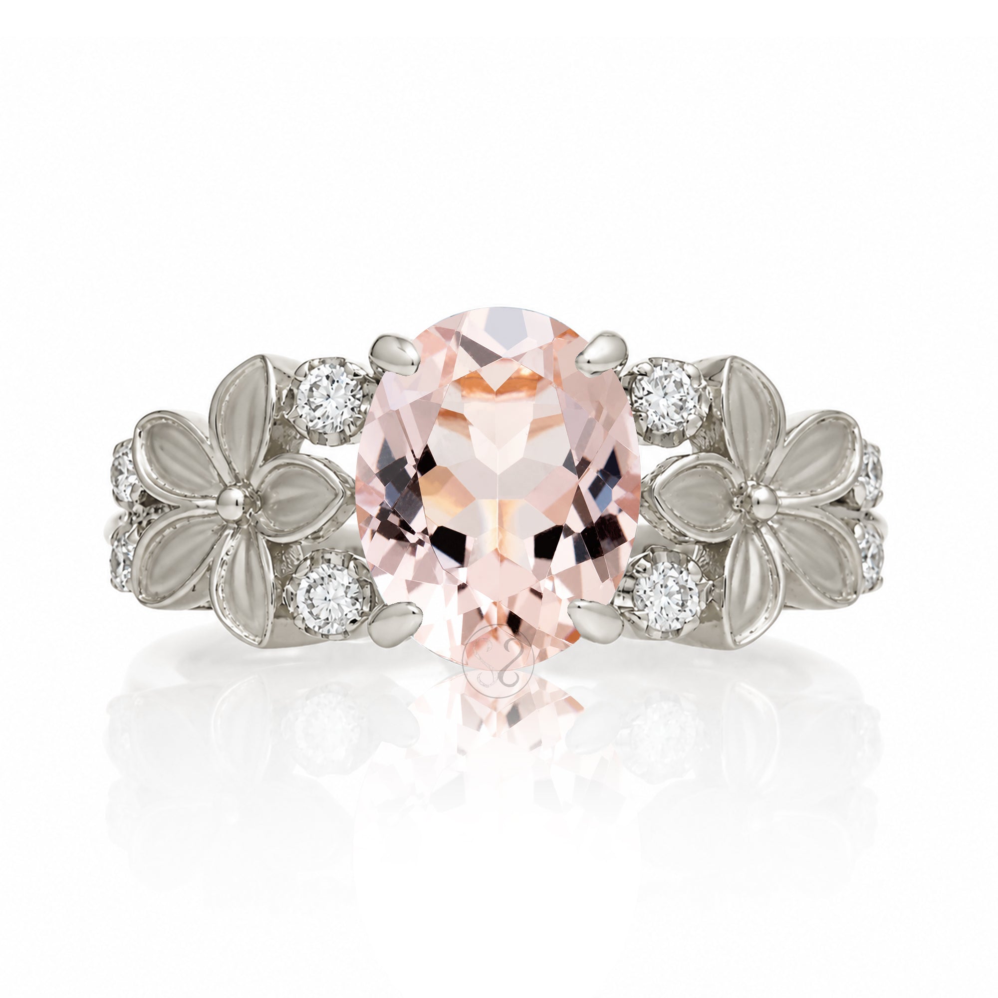 Morganite ring with plumeria flower and diamond in white gold