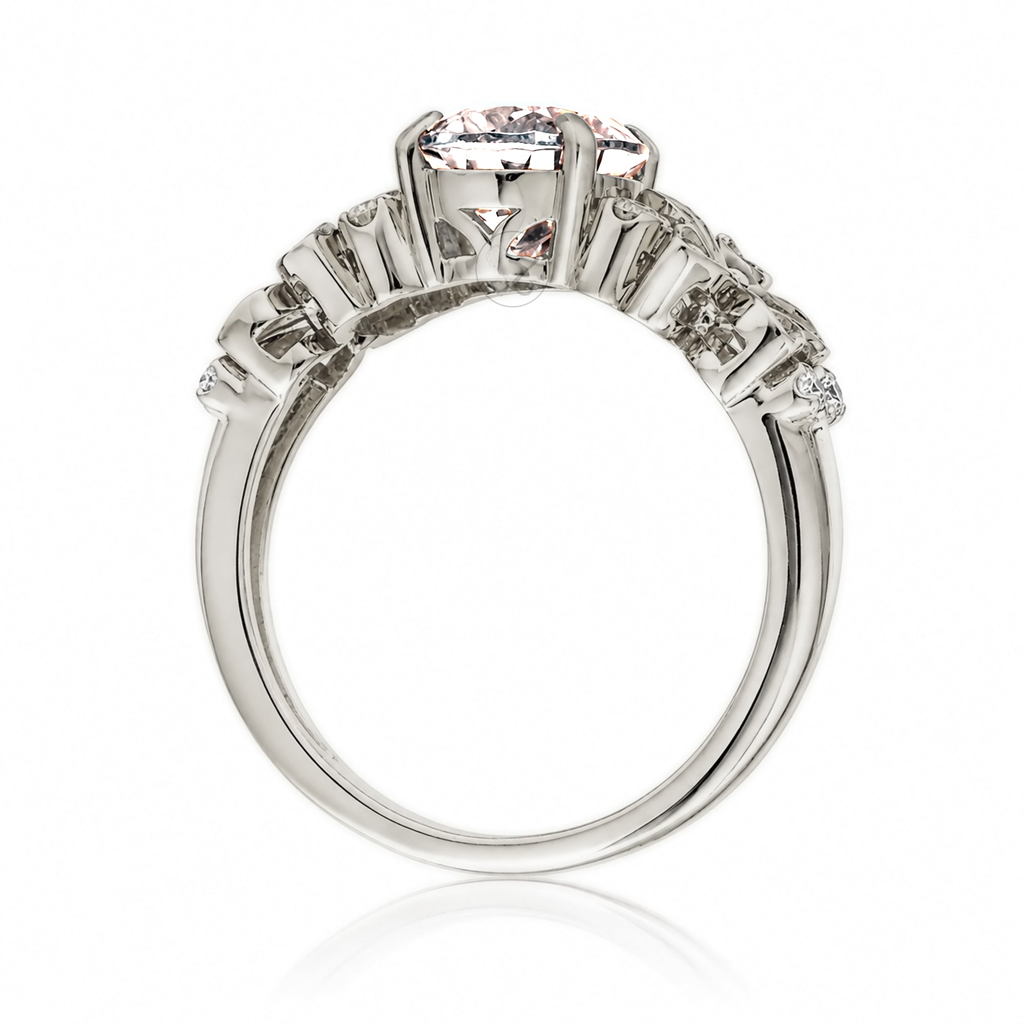 Morganite ring with plumeria flower and diamond in white gold