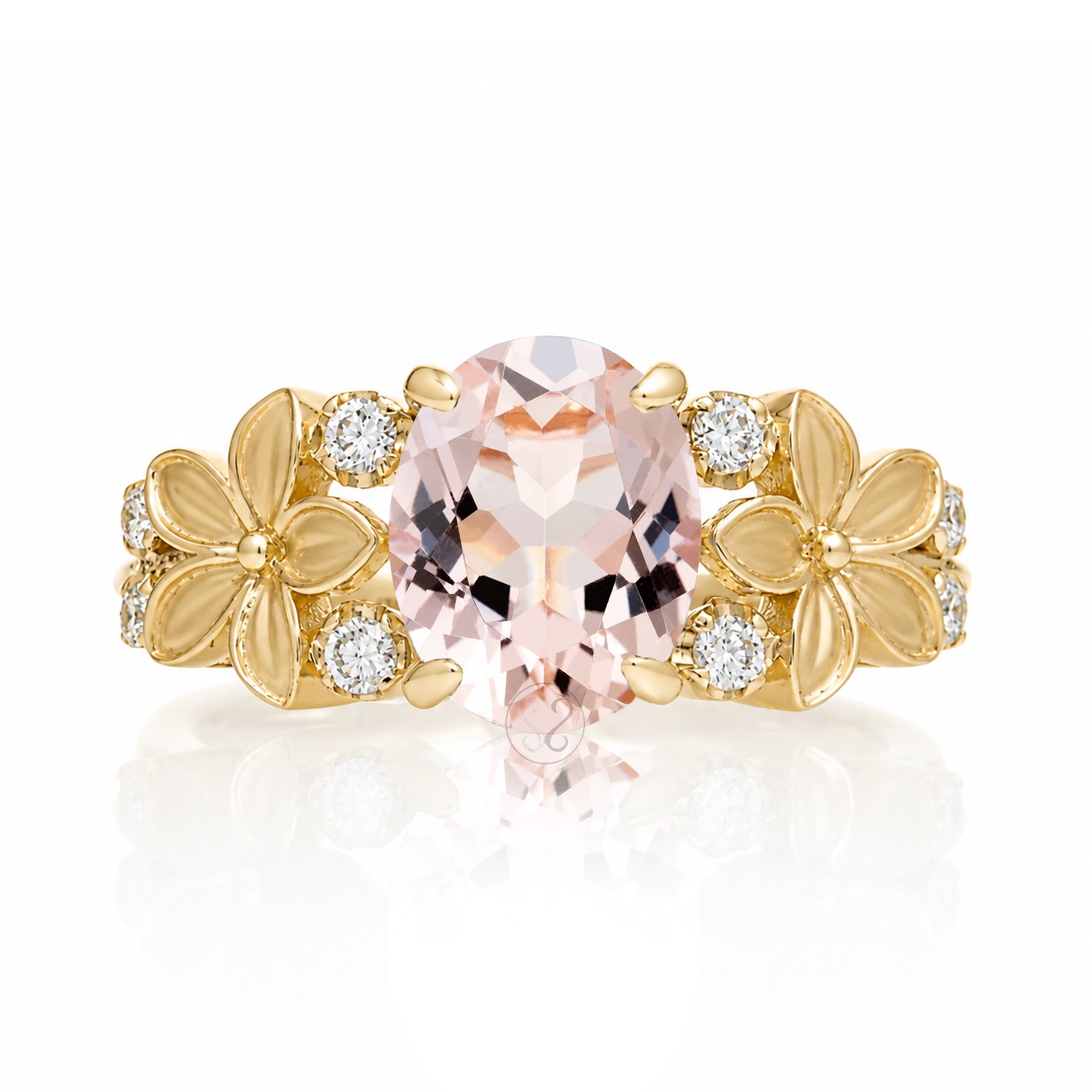 Morganite ring with plumeria flower and diamond in yellow gold