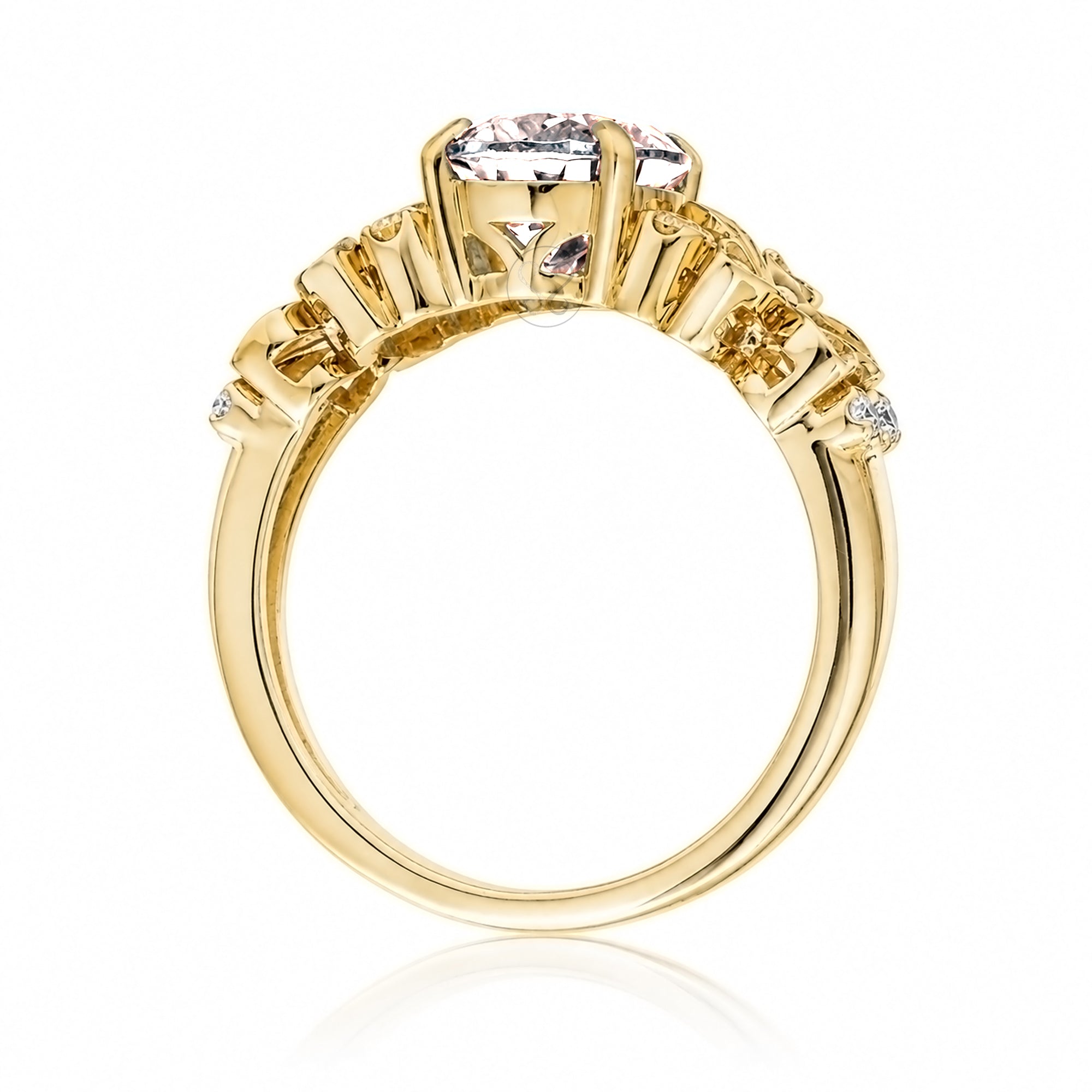 Morganite ring with plumeria flower and diamond in yellow gold