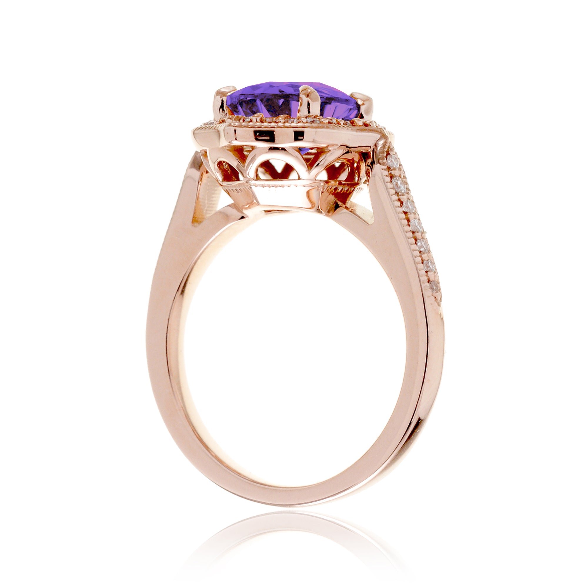 Art Deco Oval Amethyst and Diamond Halo Ring in Rose Gold