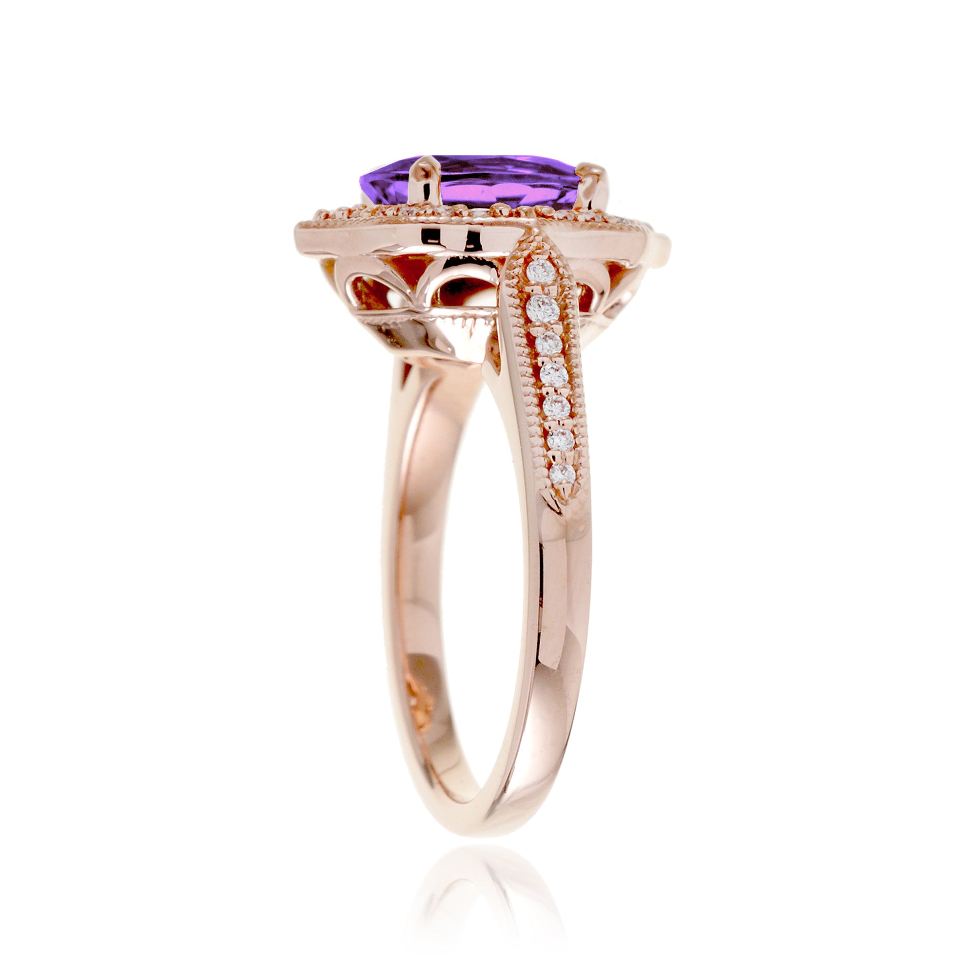 Art Deco Oval Amethyst and Diamond Halo Ring in Rose Gold