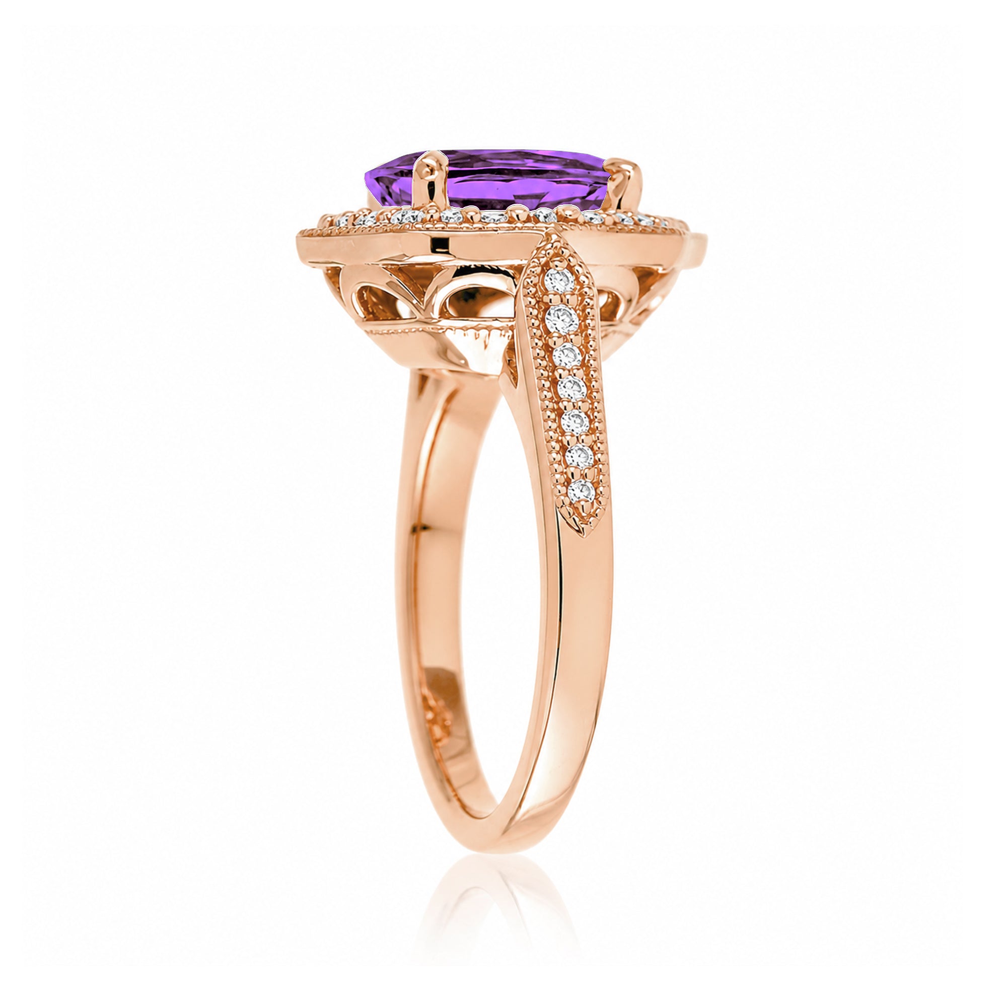 Art Deco Oval Amethyst and Diamond Halo Ring in Rose Gold