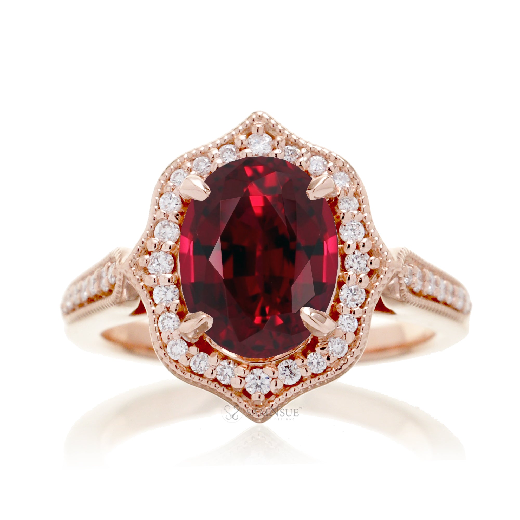 Art Deco Oval Ruby and Diamond Halo Ring in Rose Gold