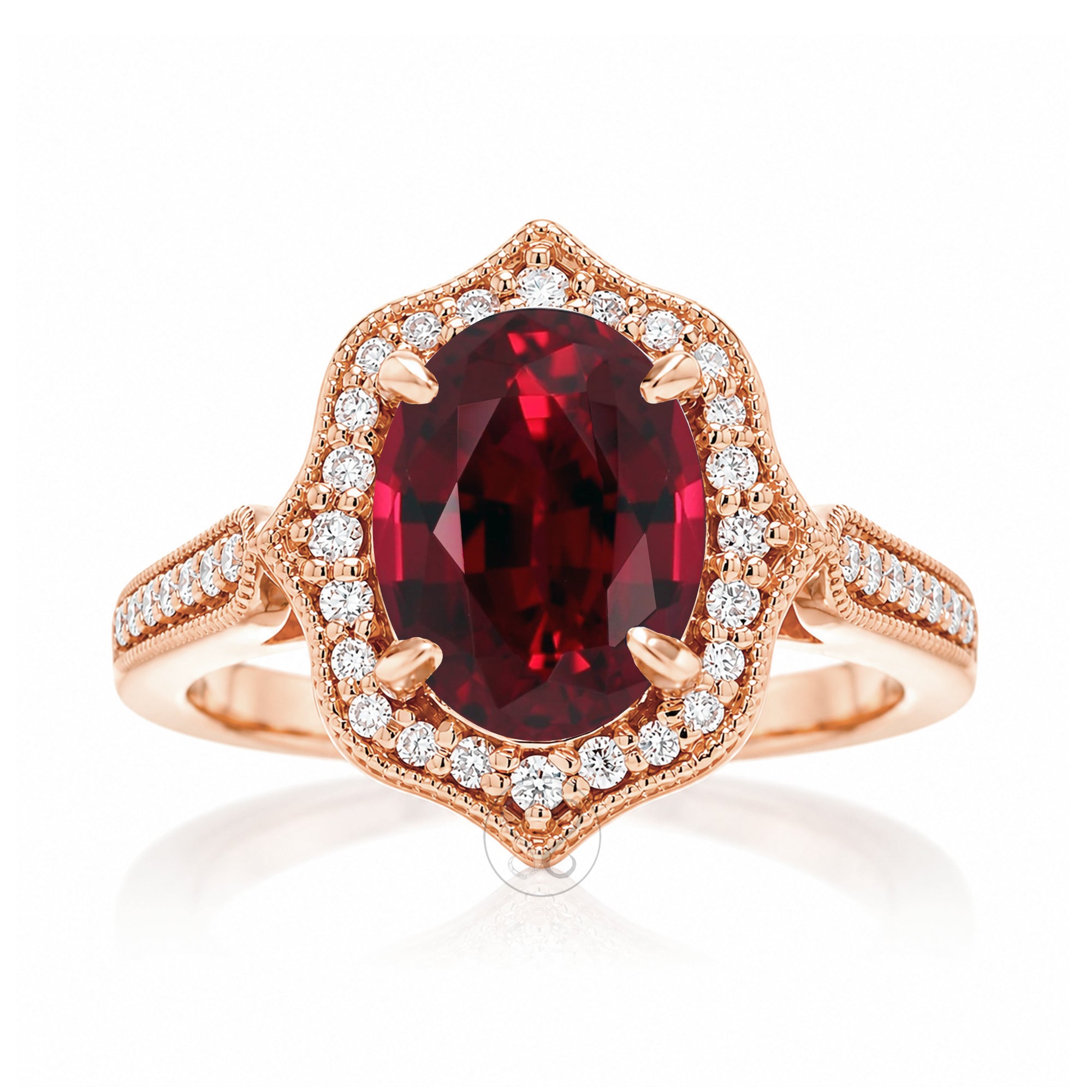 Art Deco Oval Ruby and Diamond Halo Ring in Rose Gold