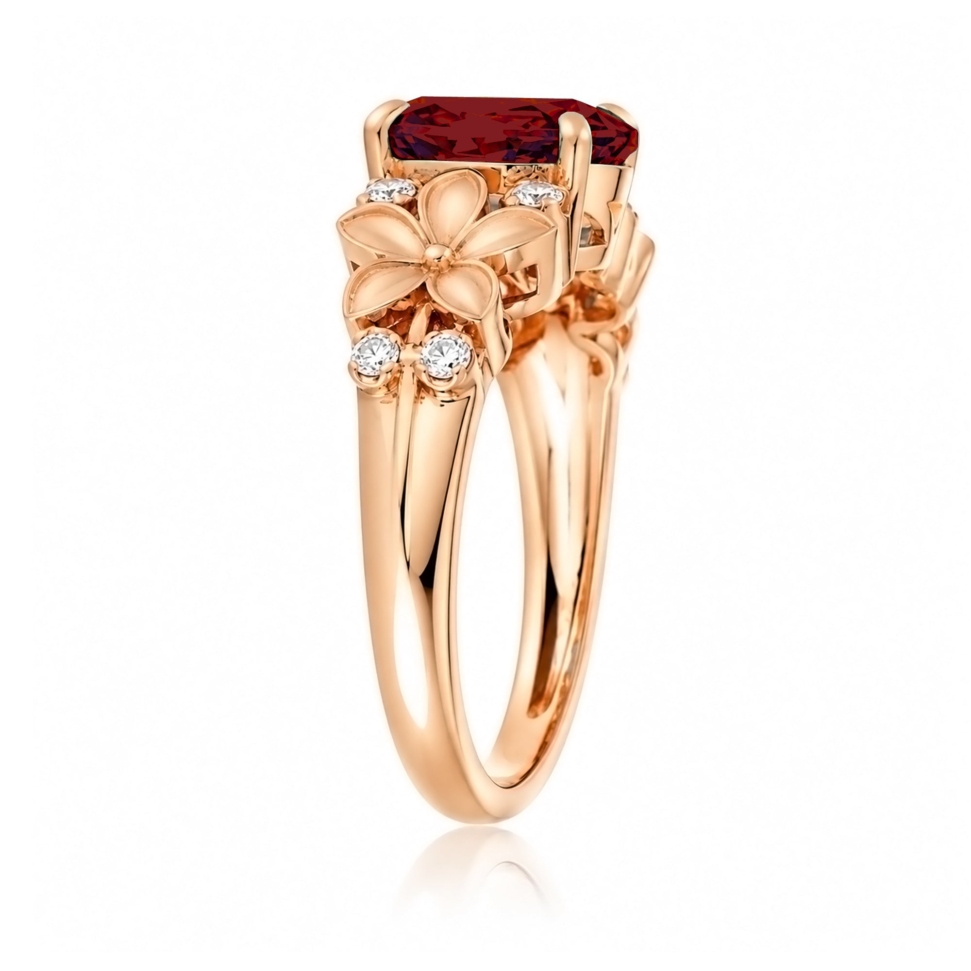 Oval ruby diamond ring with plumeria flower island style rose gold