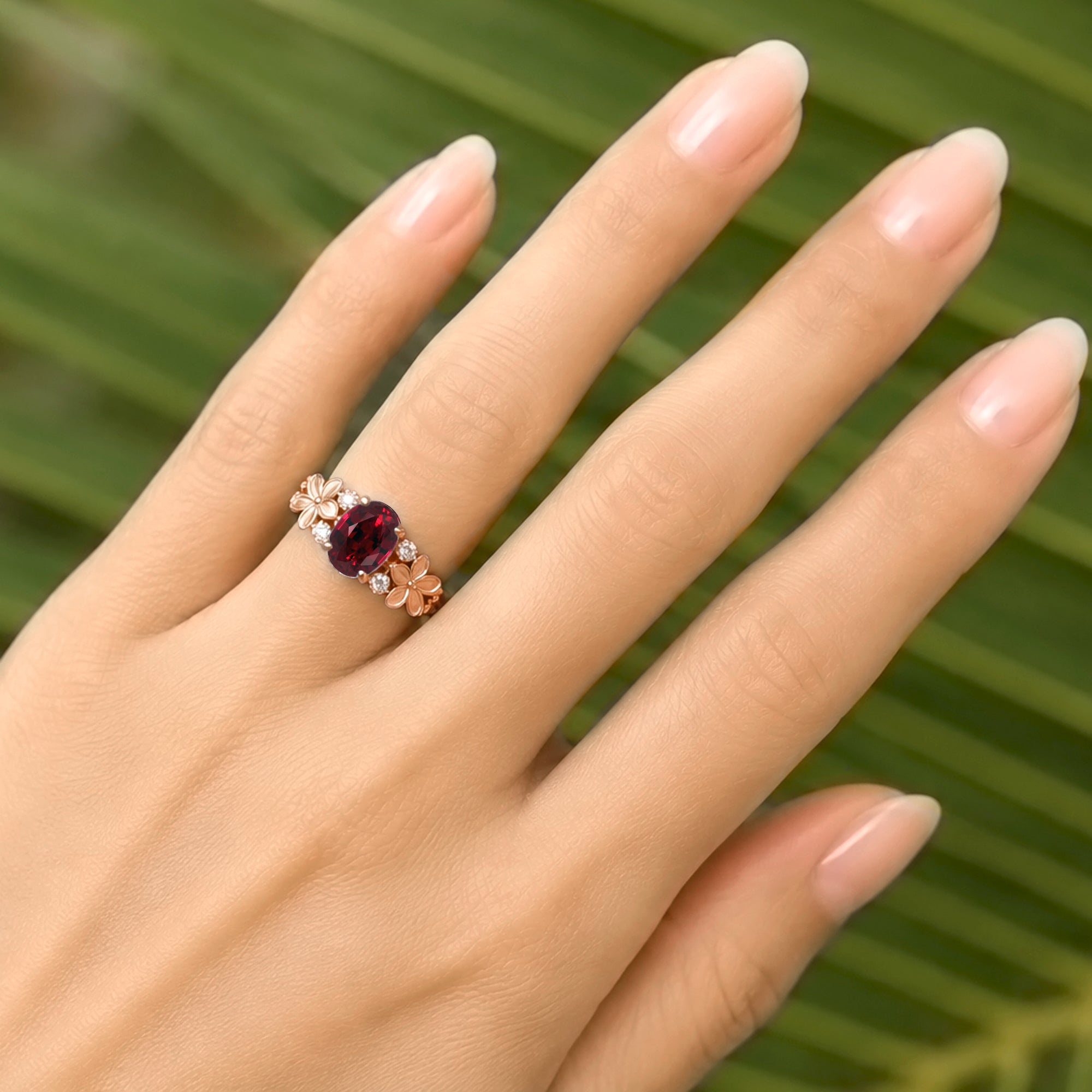 Oval ruby diamond ring with plumeria flower island style rose gold