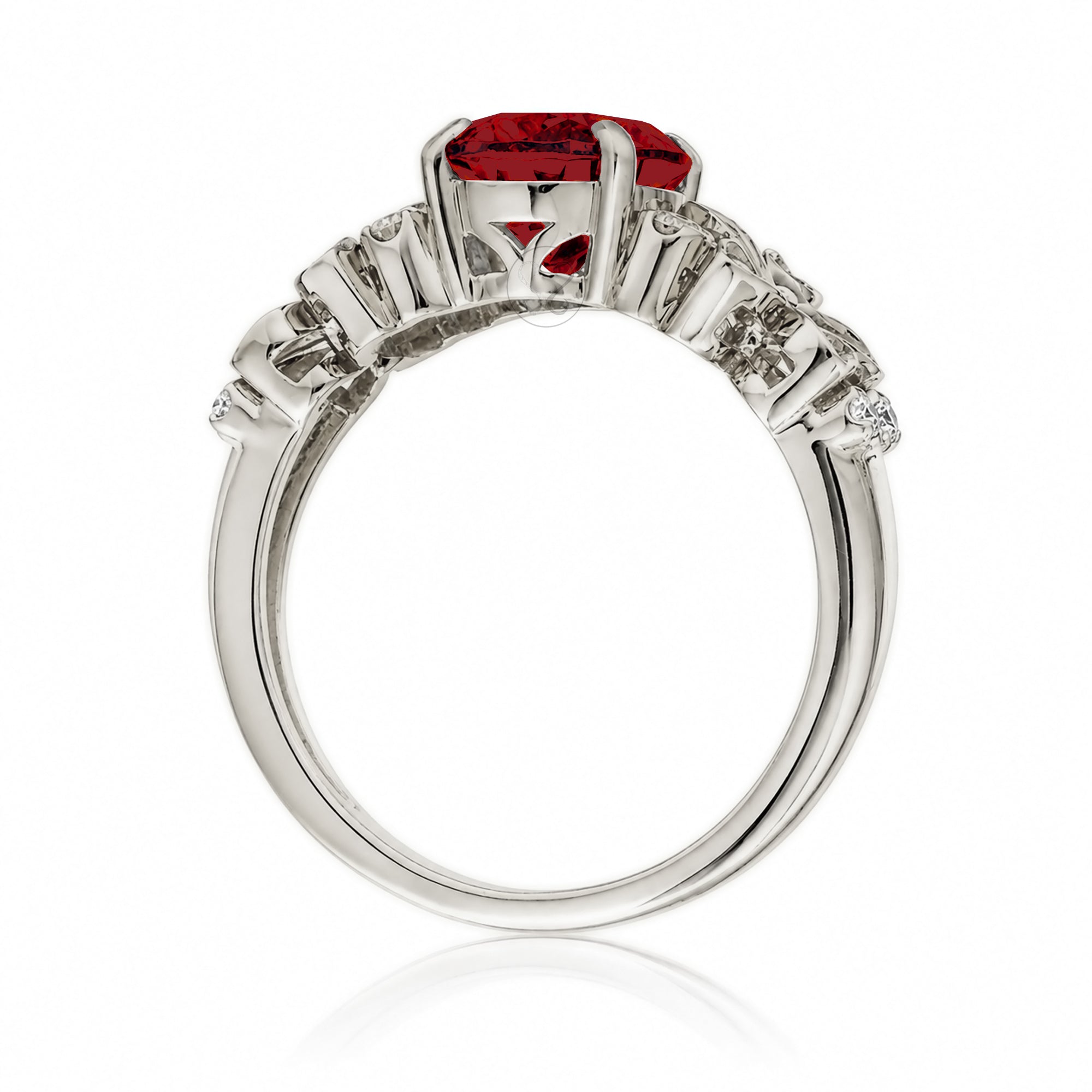 Oval ruby diamond ring with plumeria flower island style white gold