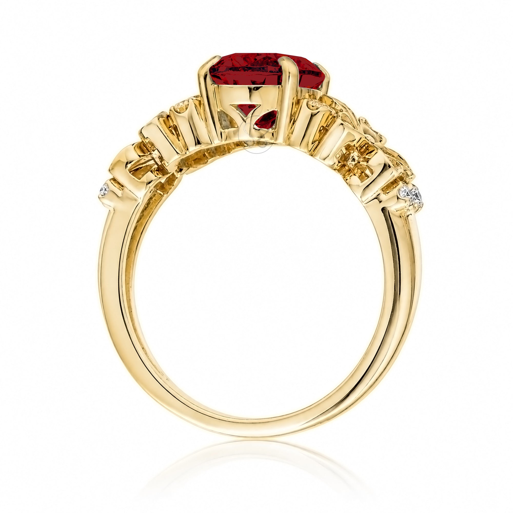Oval ruby diamond ring with plumeria flower island style yellow gold