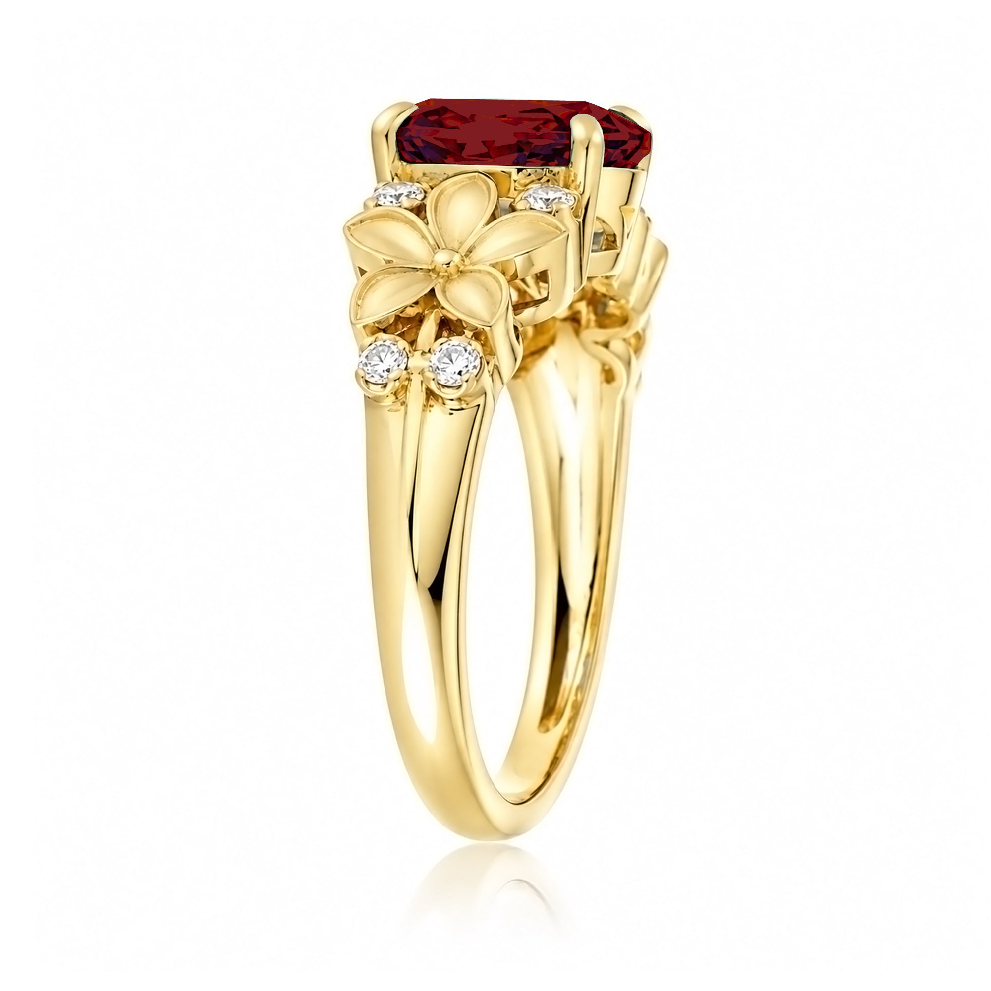 Oval ruby diamond ring with plumeria flower island style yellow gold