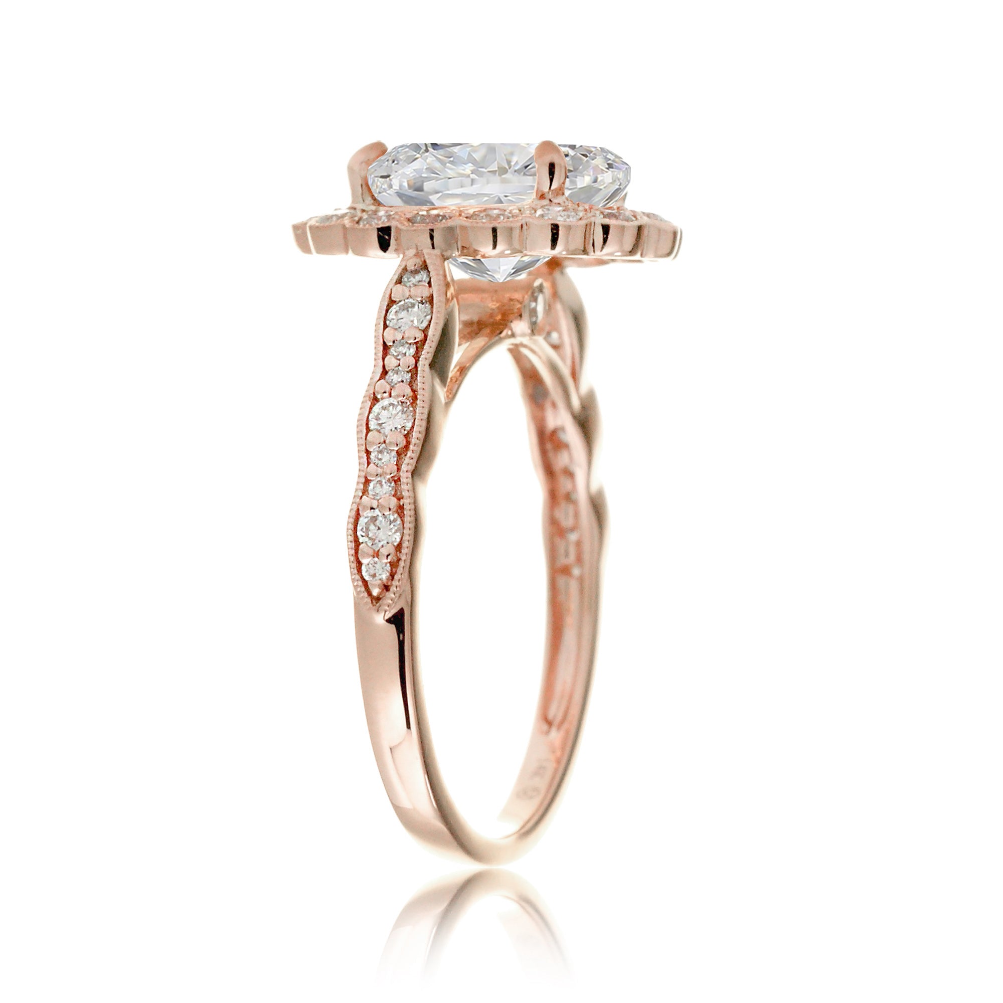Scallop design oval diamond engagement ring with vintage accent in rose gold