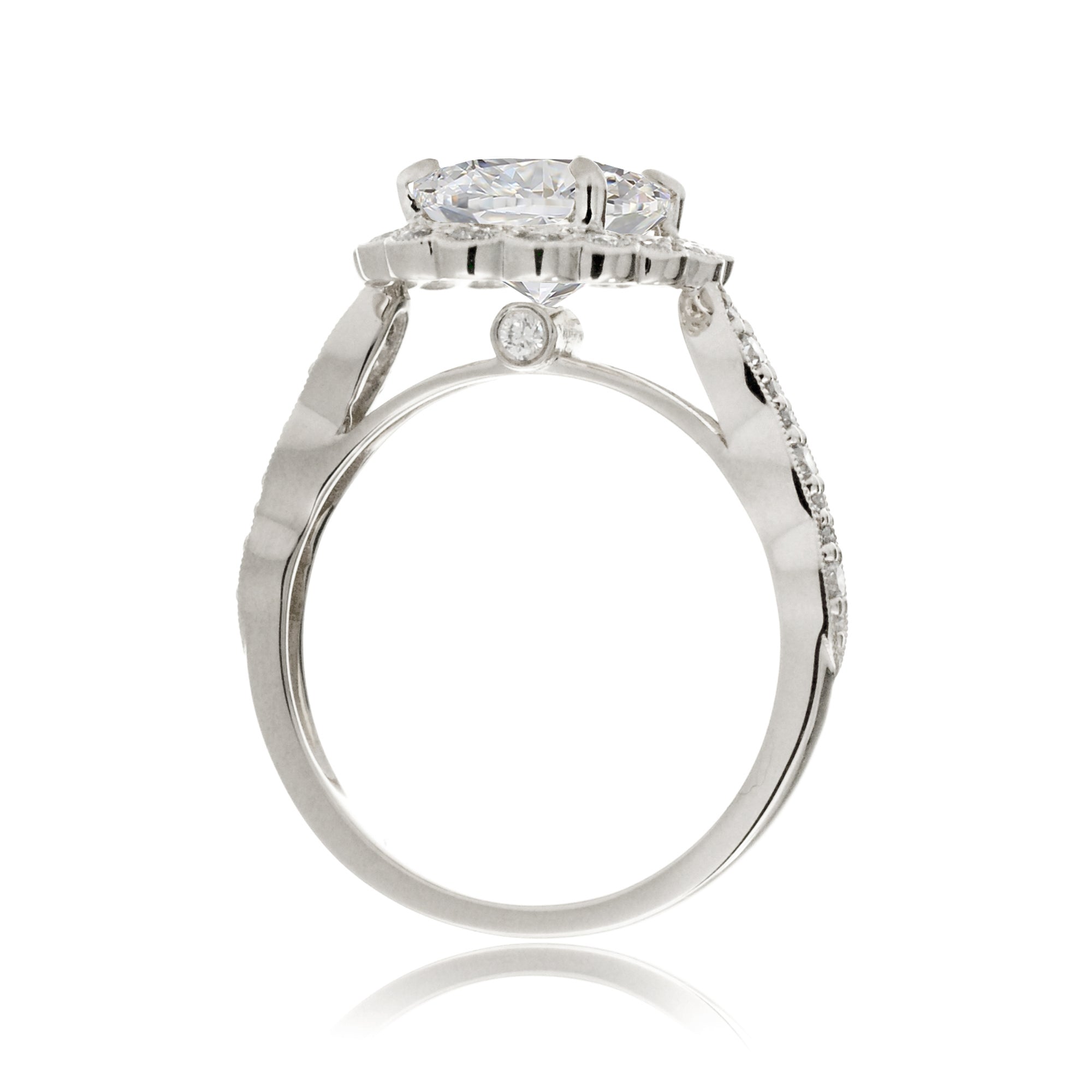 Scallop design oval diamond engagement ring with vintage accent in white gold