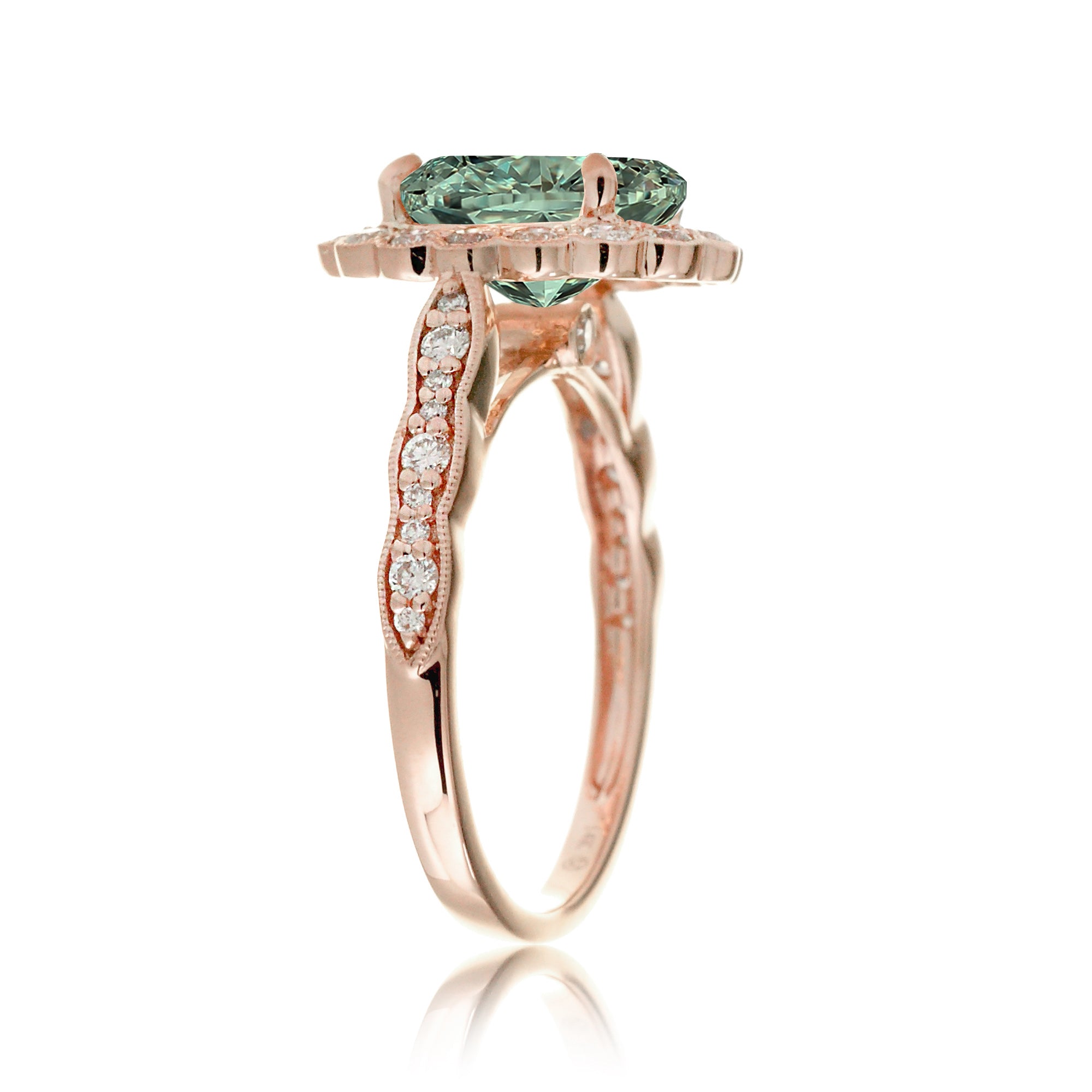 Oval green sapphire diamond scallop ring with vintage filigree rose gold