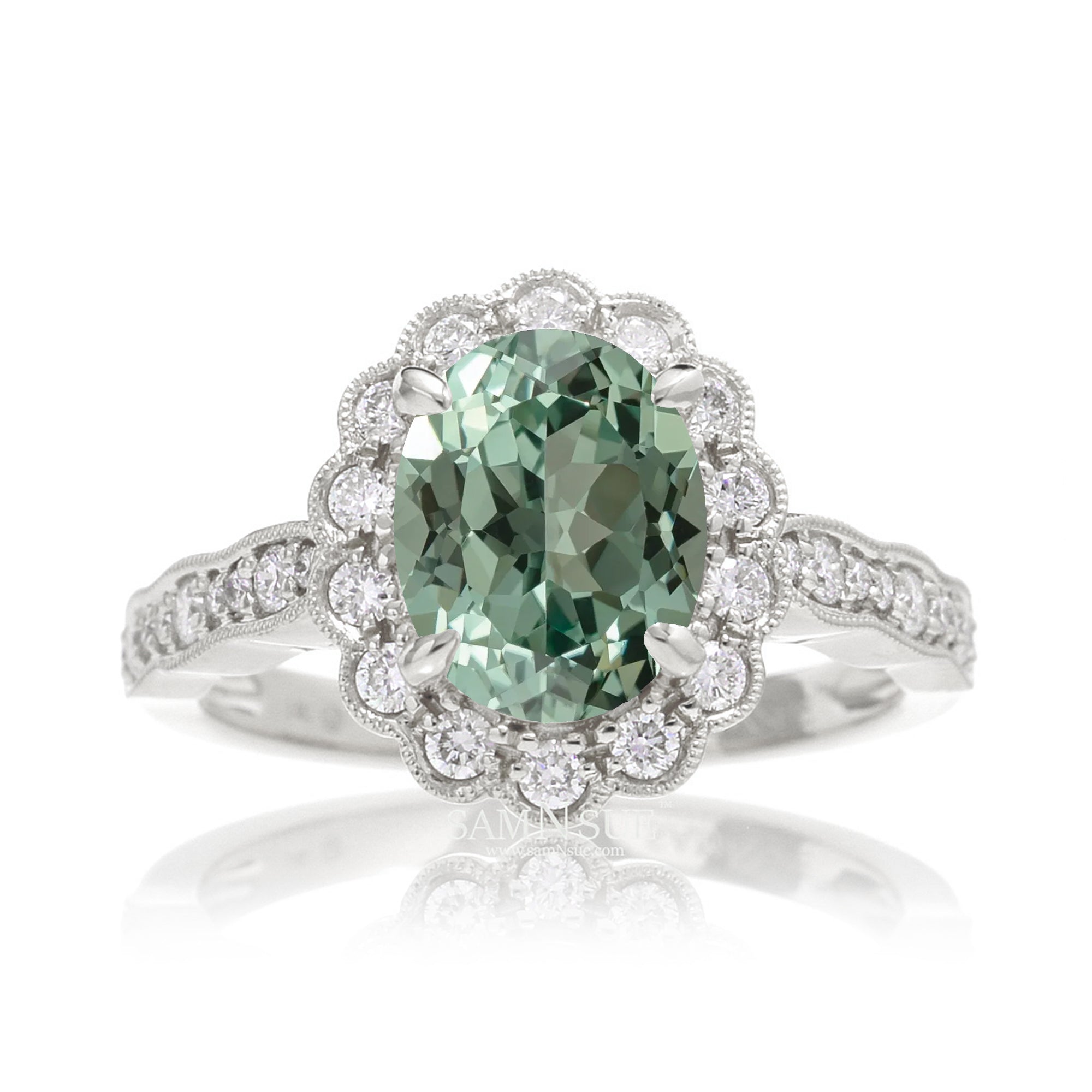 Oval green sapphire diamond scallop ring with vintage filigree white gold