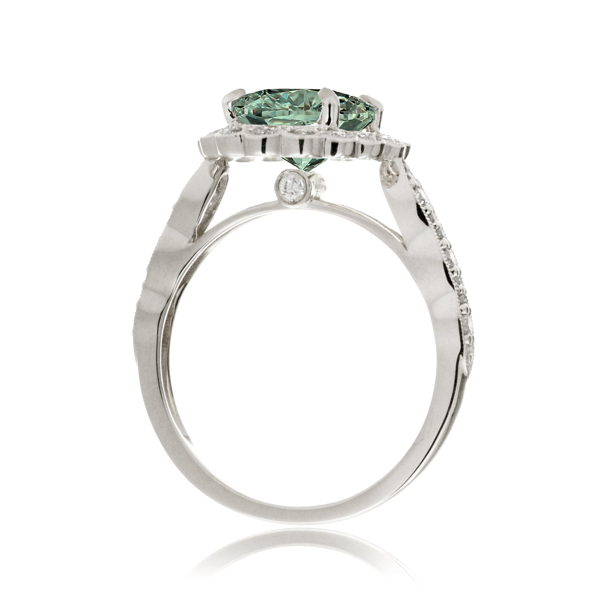Oval green sapphire diamond scallop ring with vintage filigree white gold