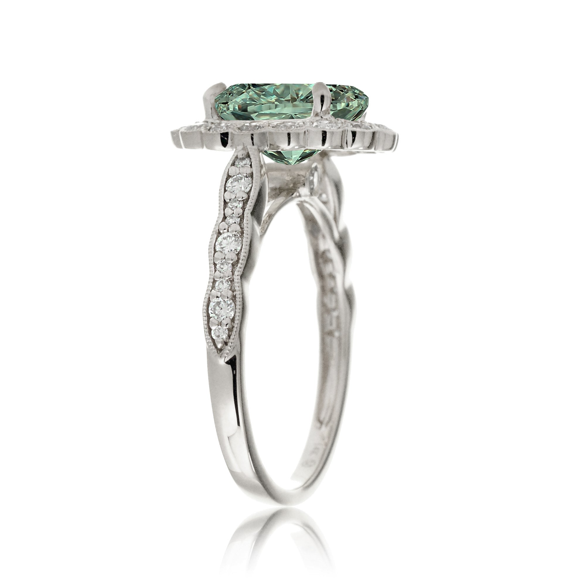 Oval green sapphire diamond scallop ring with vintage filigree white gold