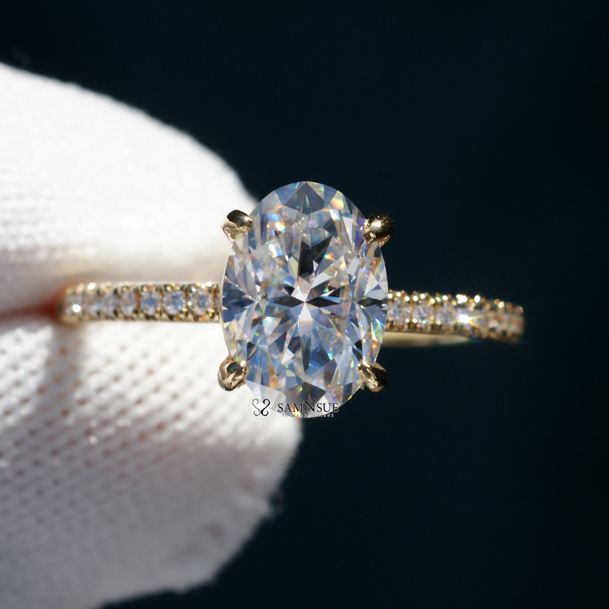 Oval moissanite ring with diamond band and comfort fit 10x7mm