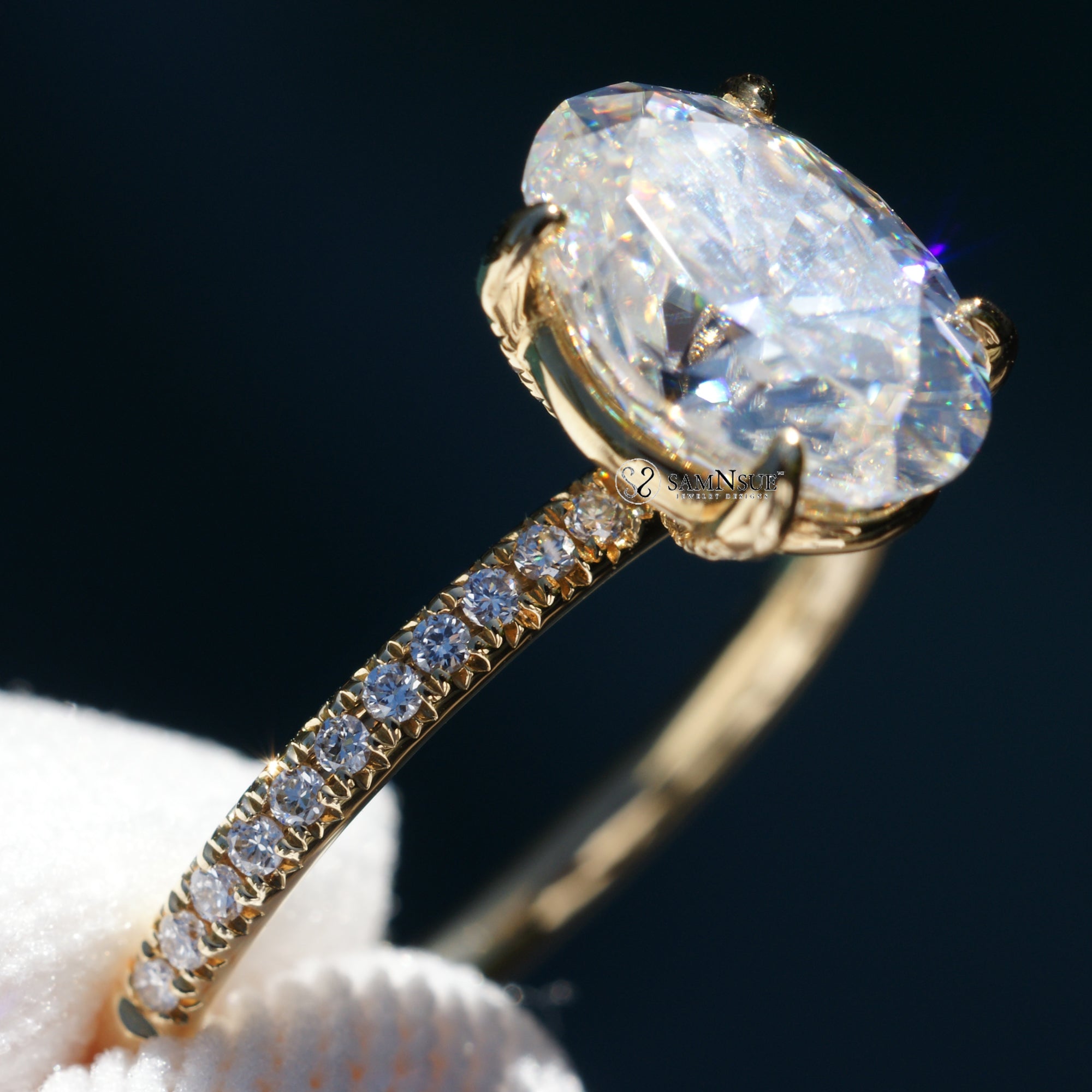 Oval moissanite ring with diamond band and comfort fit 10x7mm