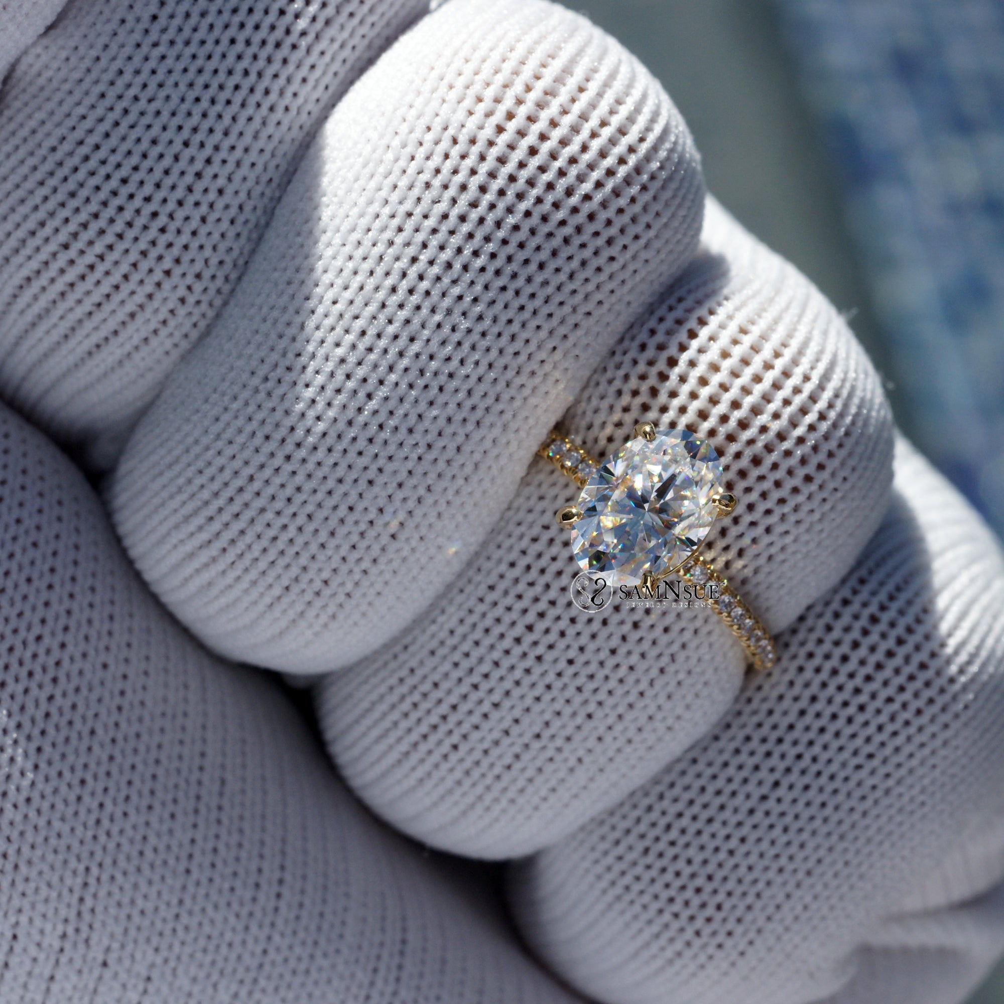 Oval moissanite ring with diamond band and comfort fit 10x7mm