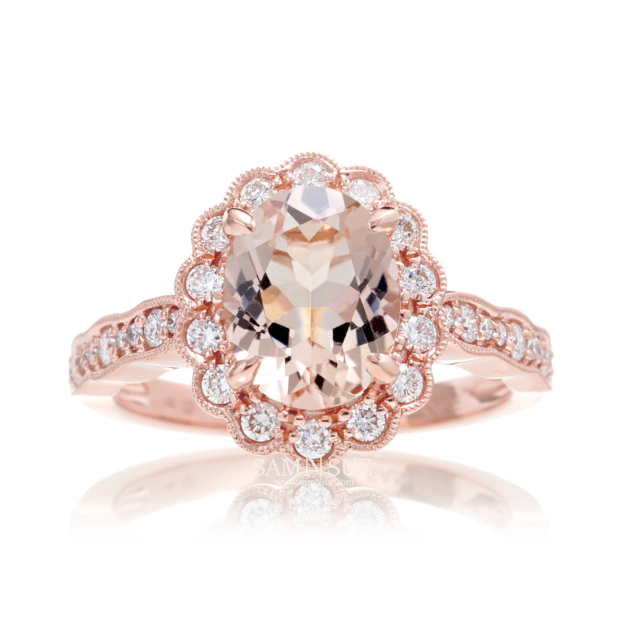 Morganite Engagement Ring in Rose Gold Oval Scallop Diamond Halo