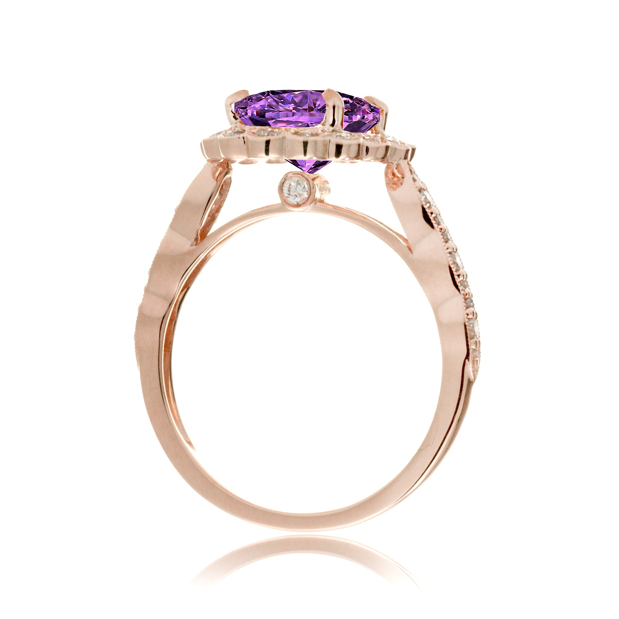 Purple Sapphire diamond ring with vintage scallop halo and band rose gold