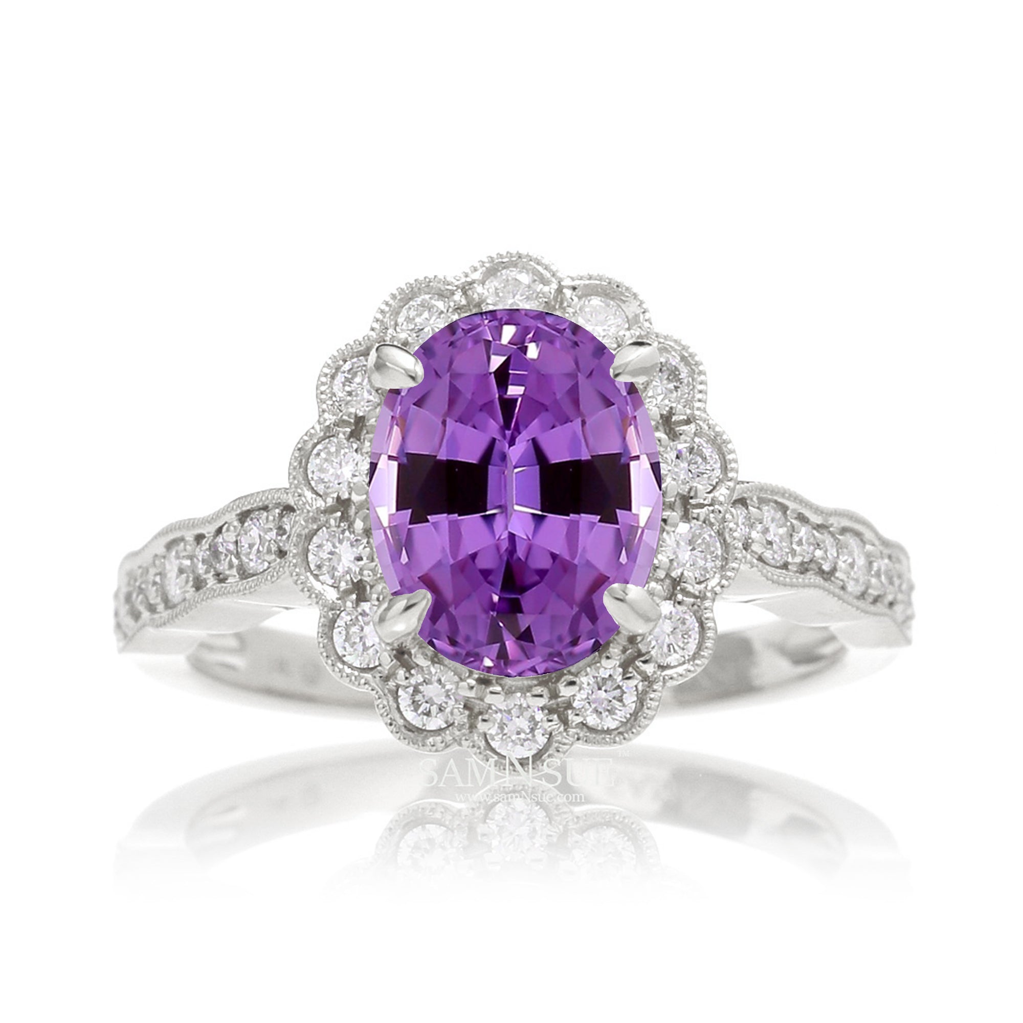 Purple Sapphire diamond ring with vintage scallop halo and band white gold