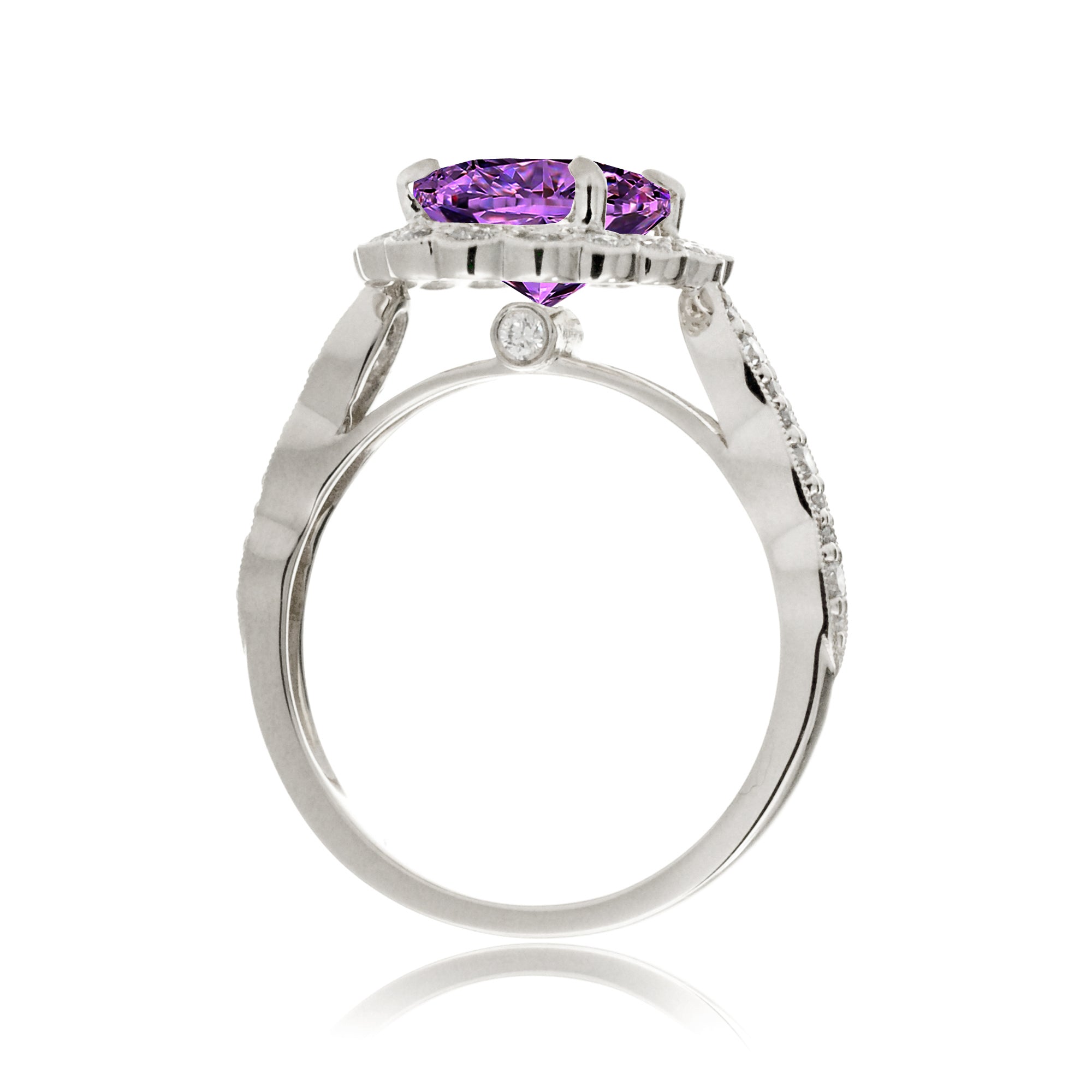 Purple Sapphire diamond ring with vintage scallop halo and band white gold