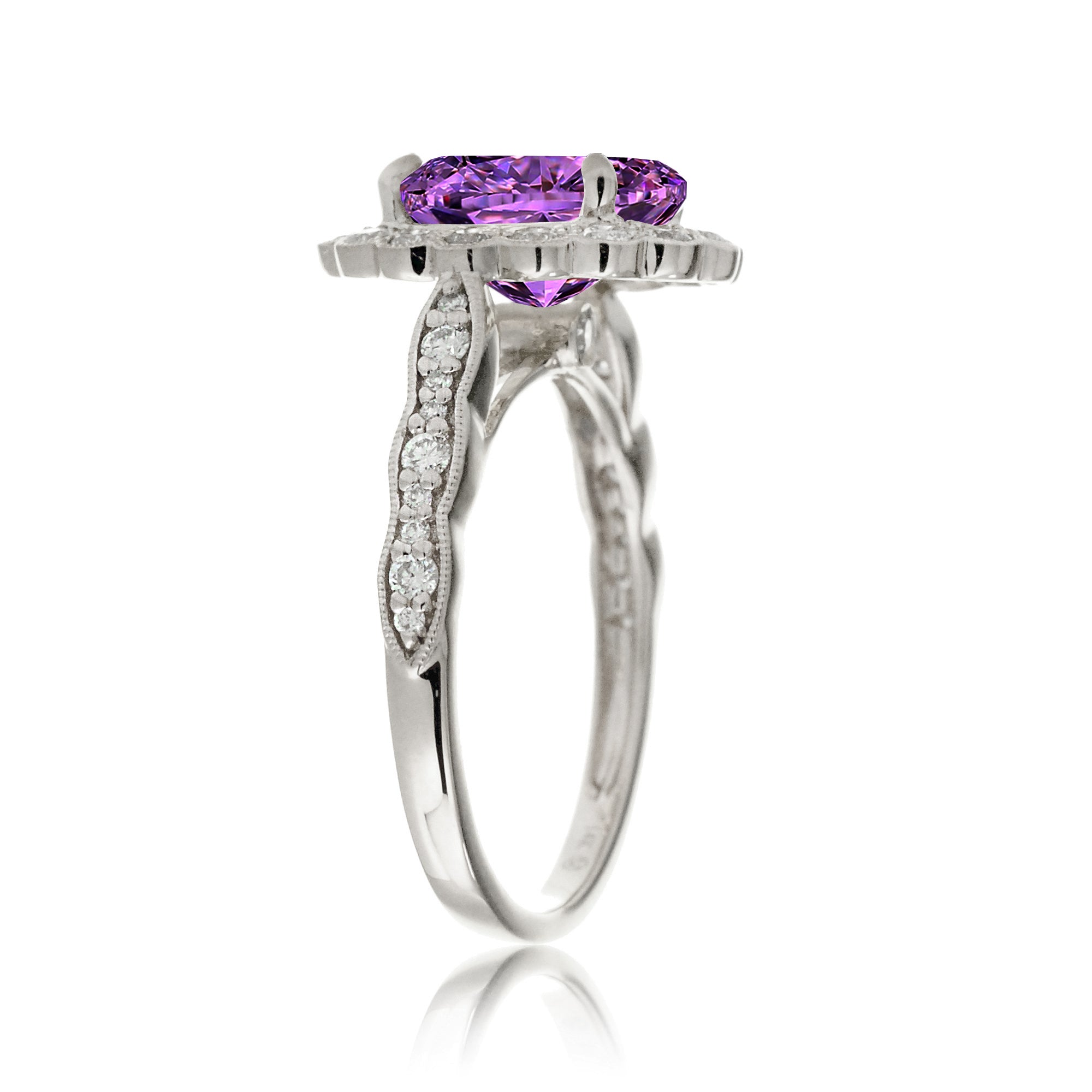 Purple Sapphire diamond ring with vintage scallop halo and band white gold