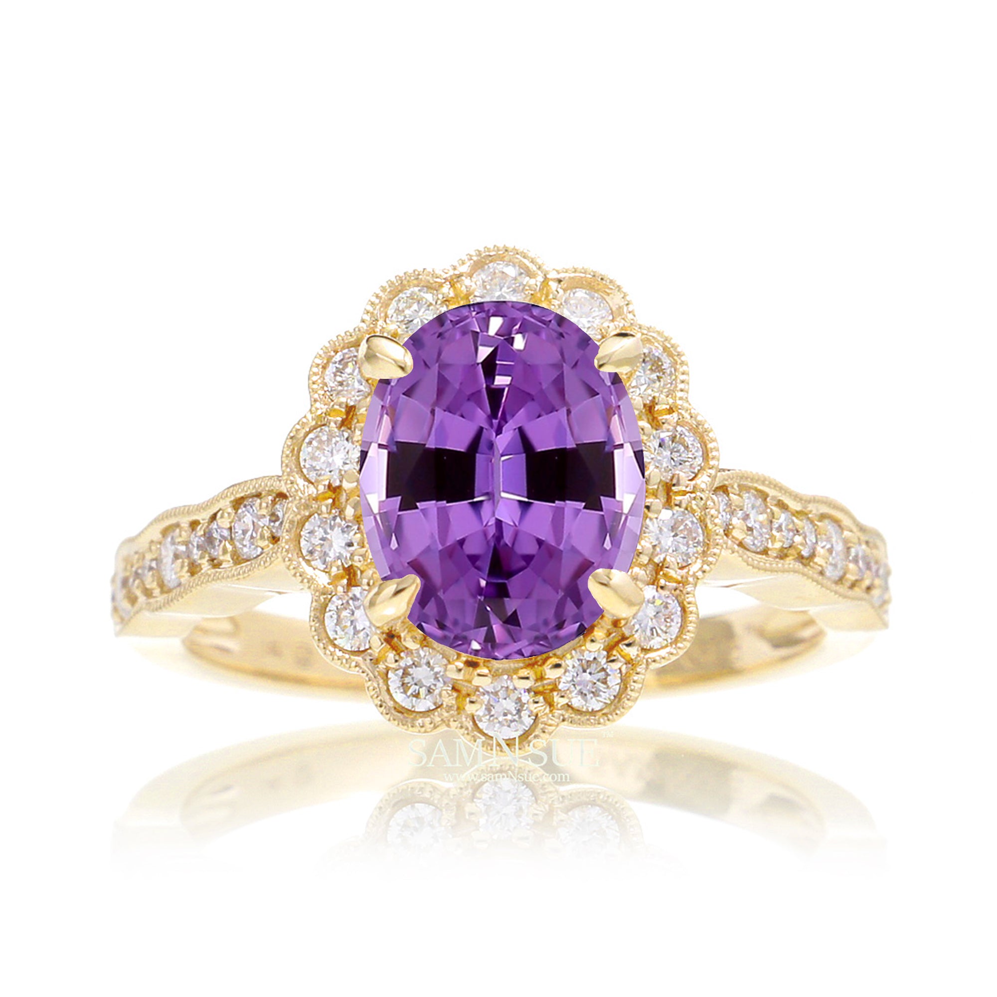 Purple Sapphire diamond ring with vintage scallop halo and band yellow gold