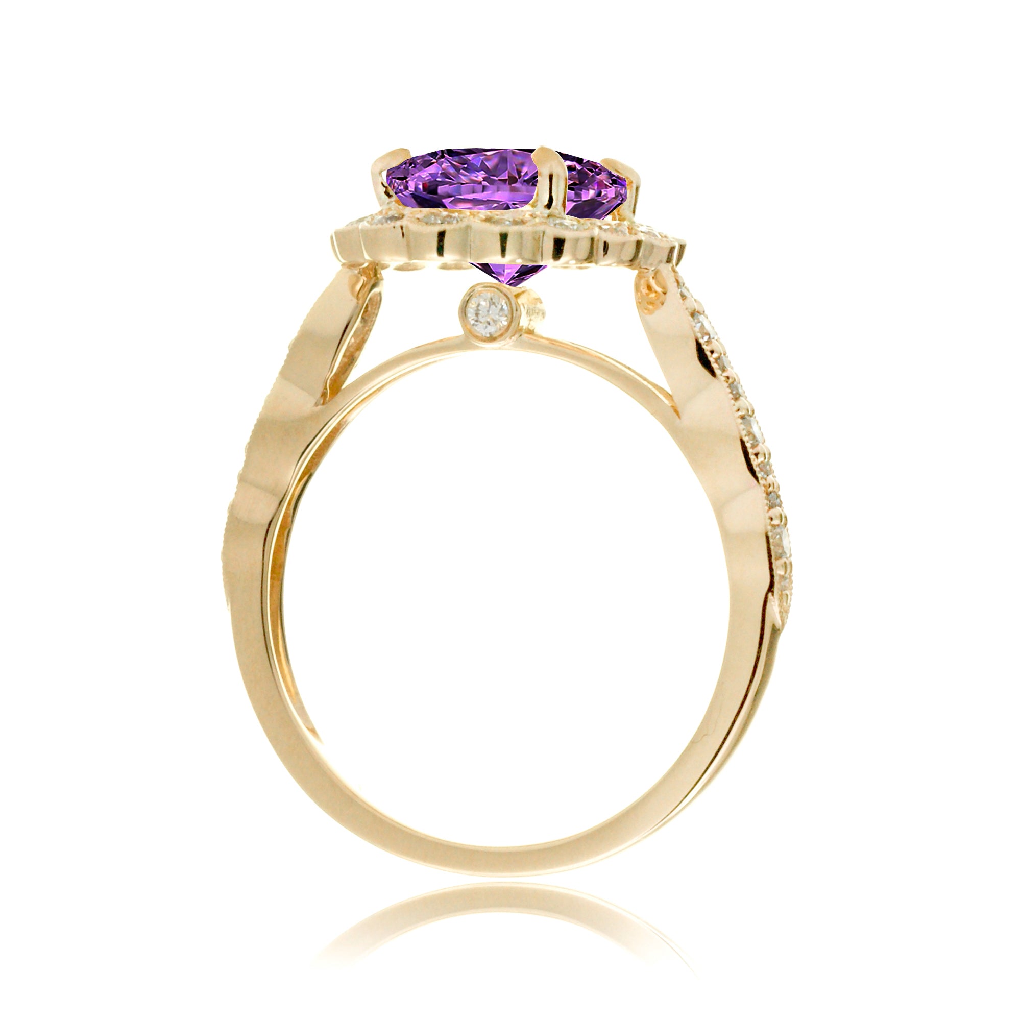 Purple Sapphire diamond ring with vintage scallop halo and band yellow gold