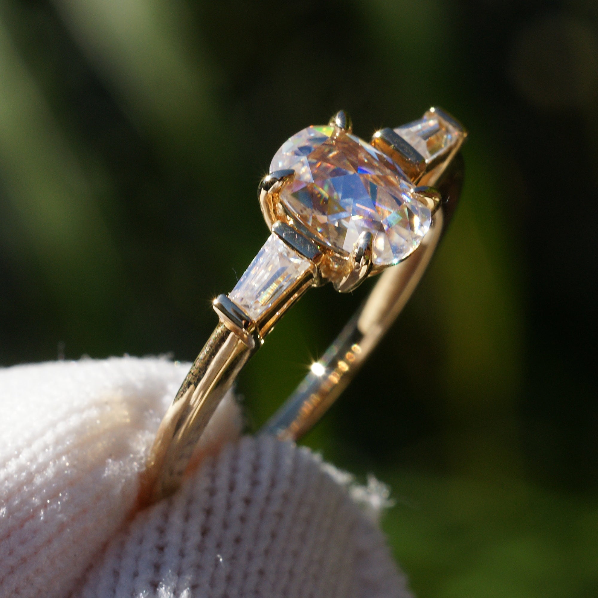 Rose Cut Oval Moissanite Three Stone Baguette Ring