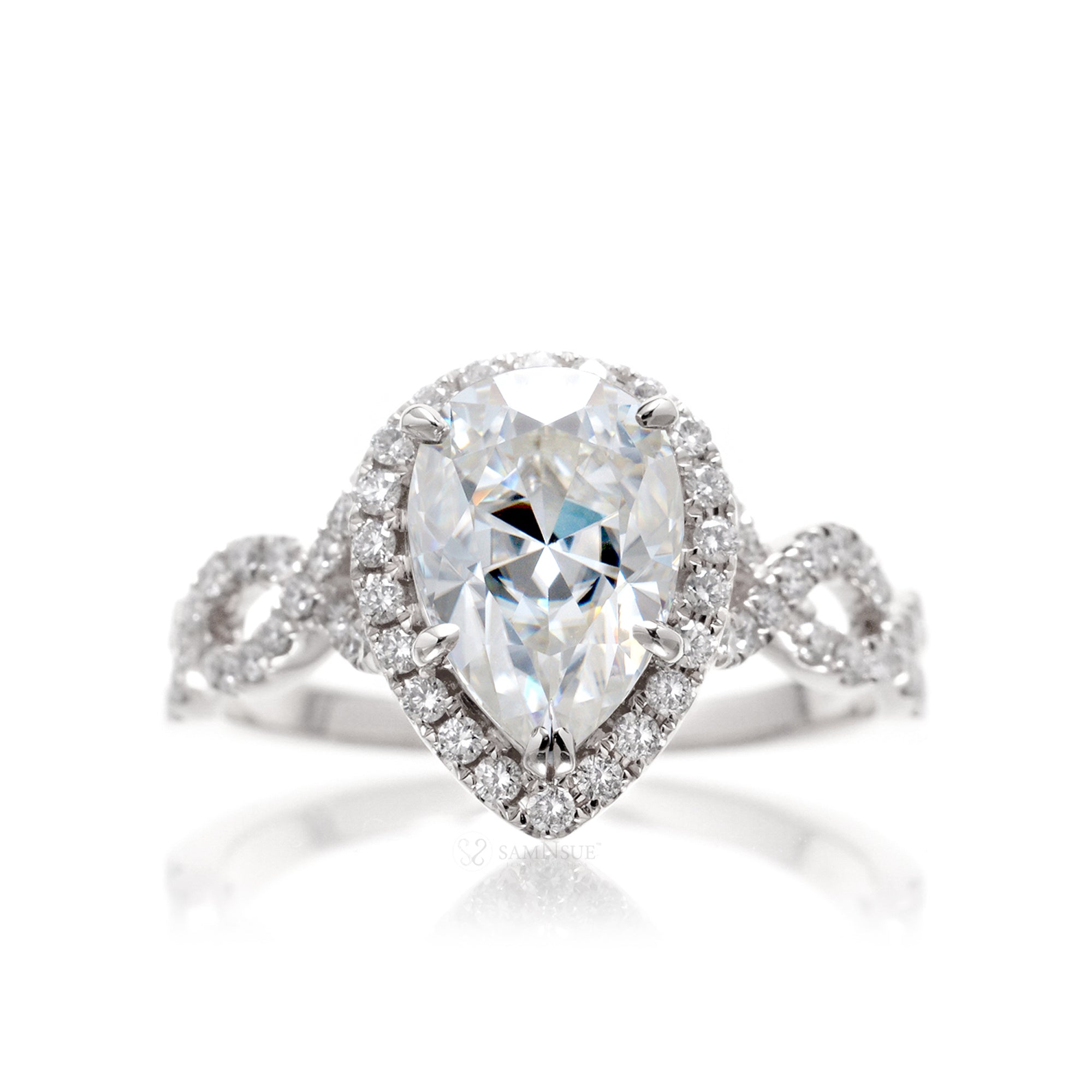 Moissanite pear ring diamond halo and twisted band white gold