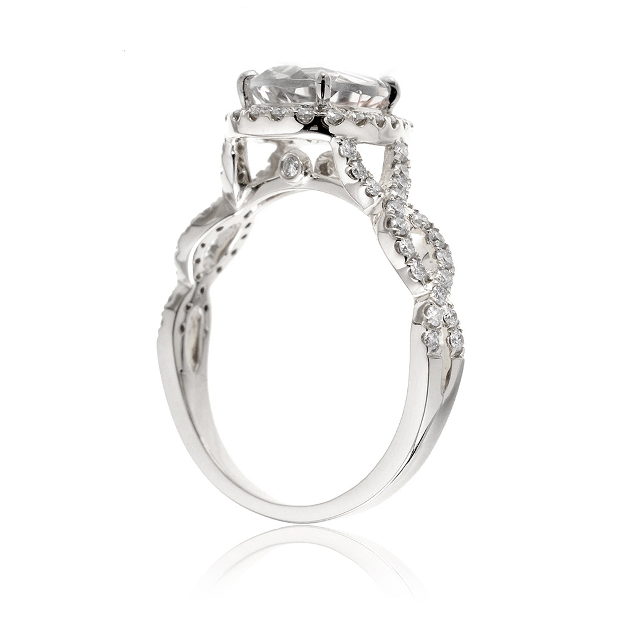 Moissanite pear ring diamond halo and twisted band white gold