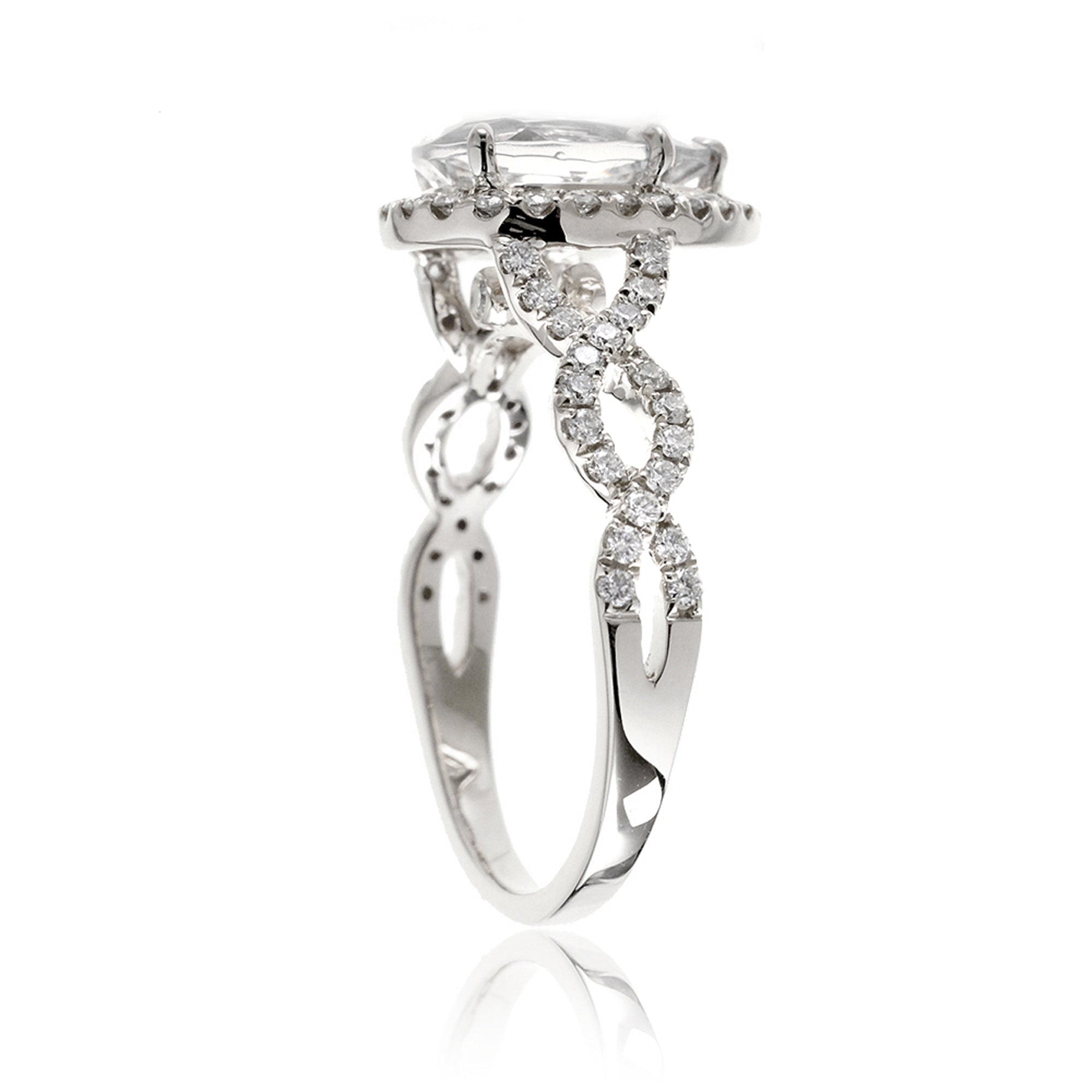 Moissanite pear ring diamond halo and twisted band white gold